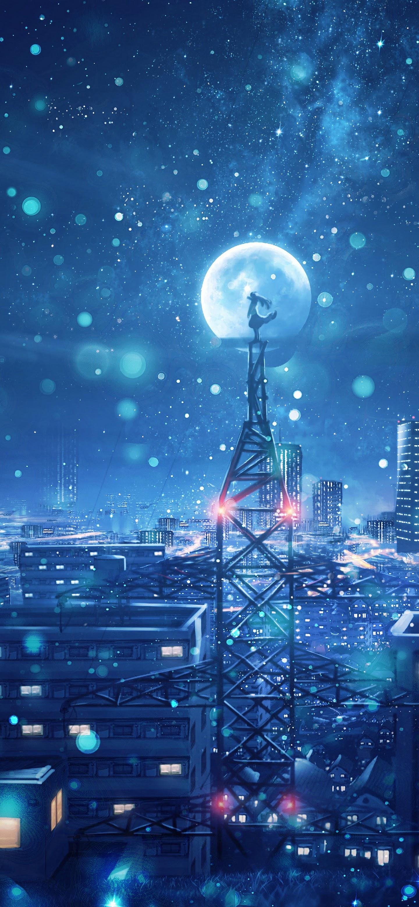 1440x3120 Night Sky City Stars Anime Scenery 4K Wallpaper, Phone