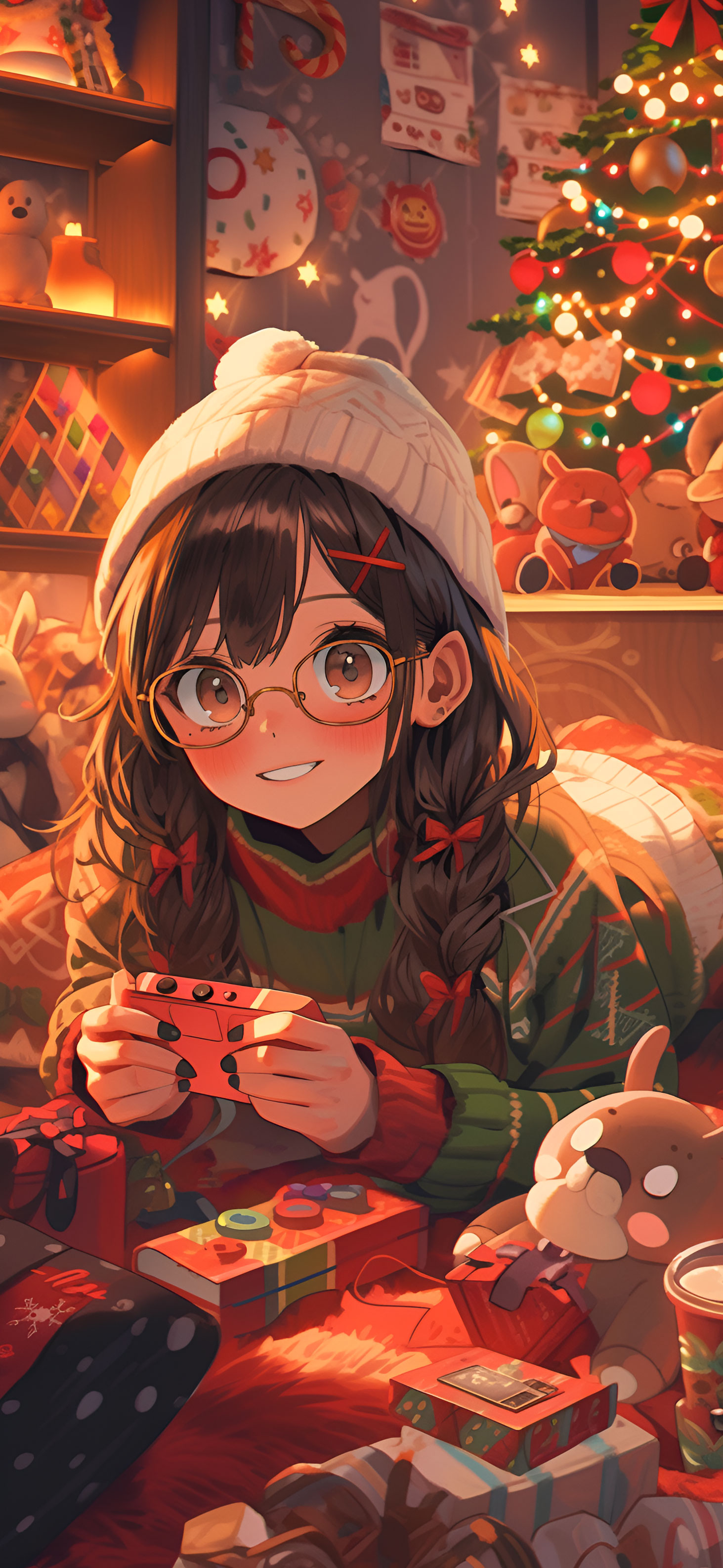 1470x3180 Kawaii Anime Girl & Christmas Tree Cozy Wallpaper, Phone