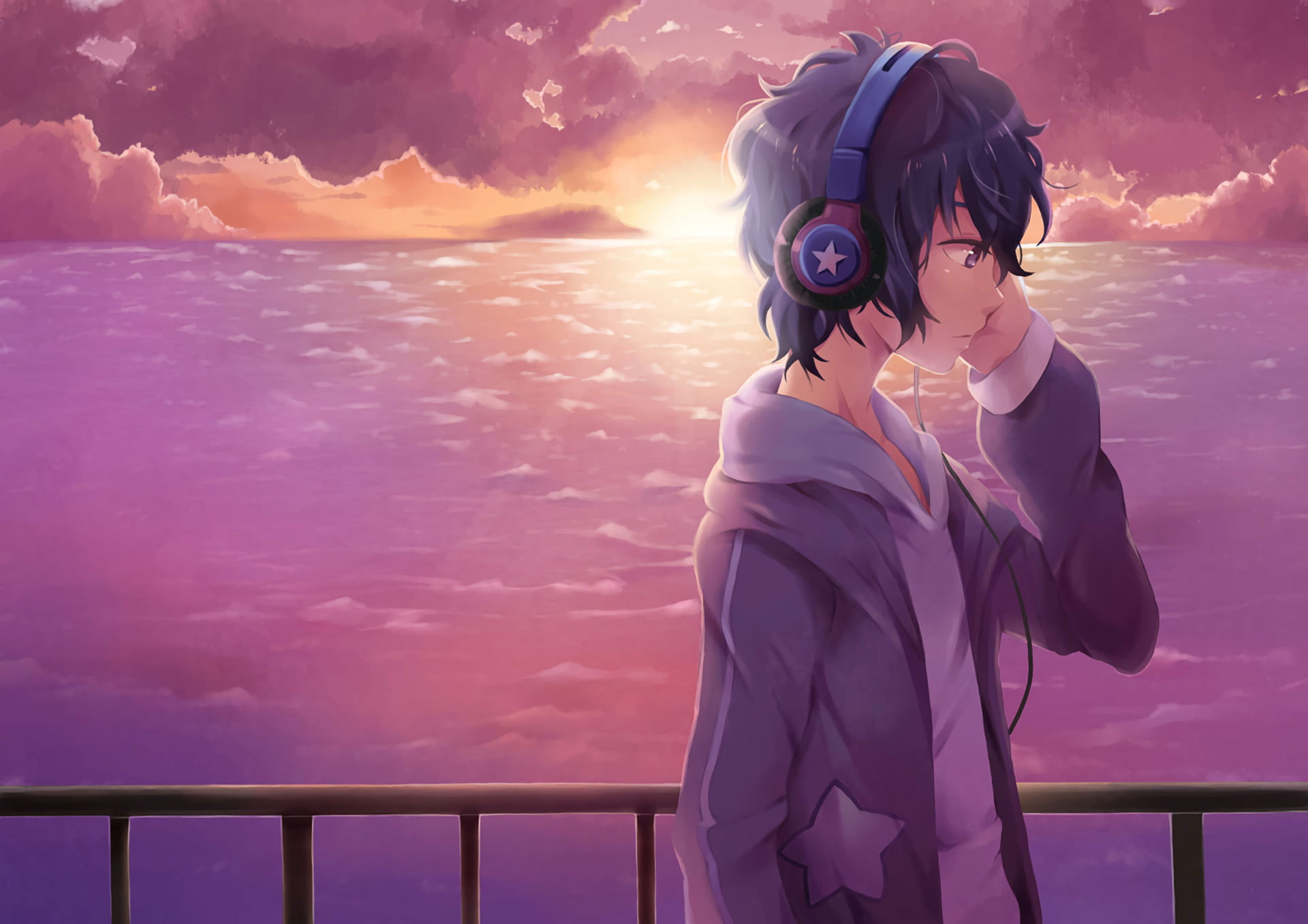 1920x1360 Anime Wallpaper, Original, Boy, Headphones, Original (Anime), Sky, Sunset, Desktop