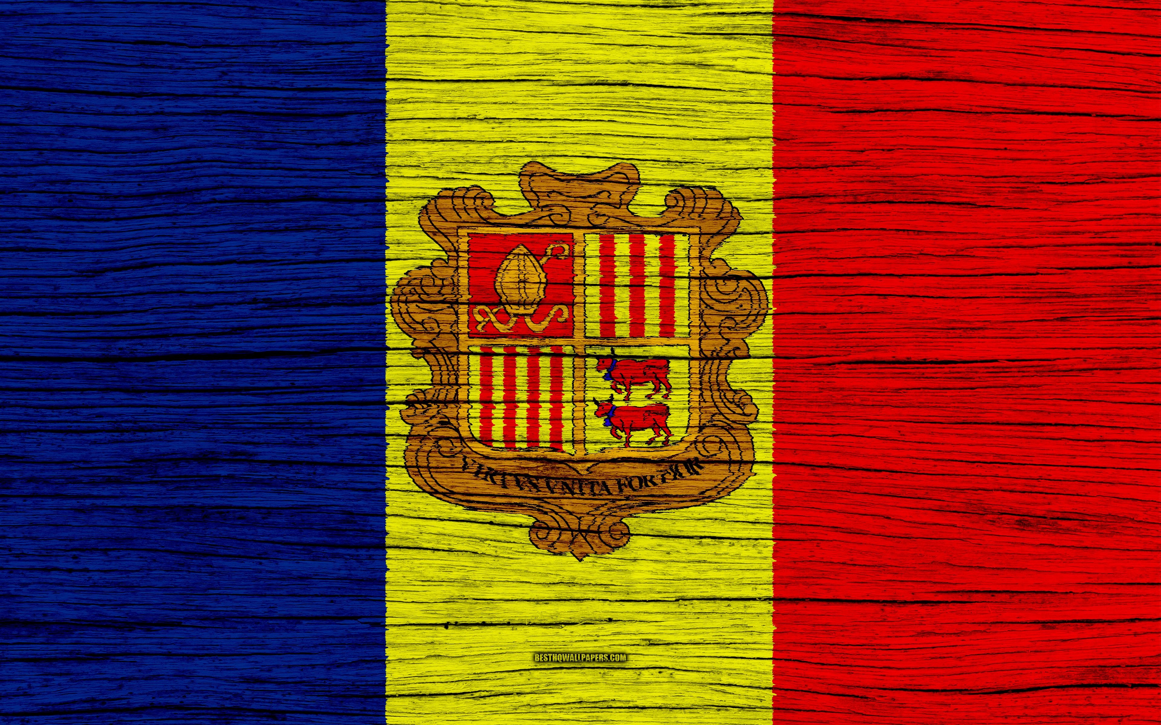 3840x2400 Download wallpaper Flag of Andorra, 4k, Europe, wooden texture, Desktop