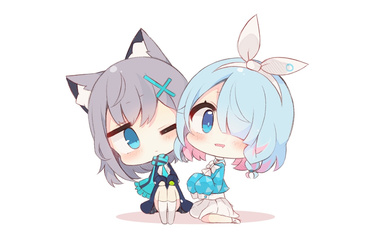 1270x800 2girls Animal Ears Aqua Eyes Aqua Hair Arona (blue Archive) Blue Archive Blush Chibi Foxgirl Gray Hair Headband Kneehighs Muuran Scarf School Uniform Short Hair Skirt Sunaookami Shiroko Third Party Edit White Wink, Desktop