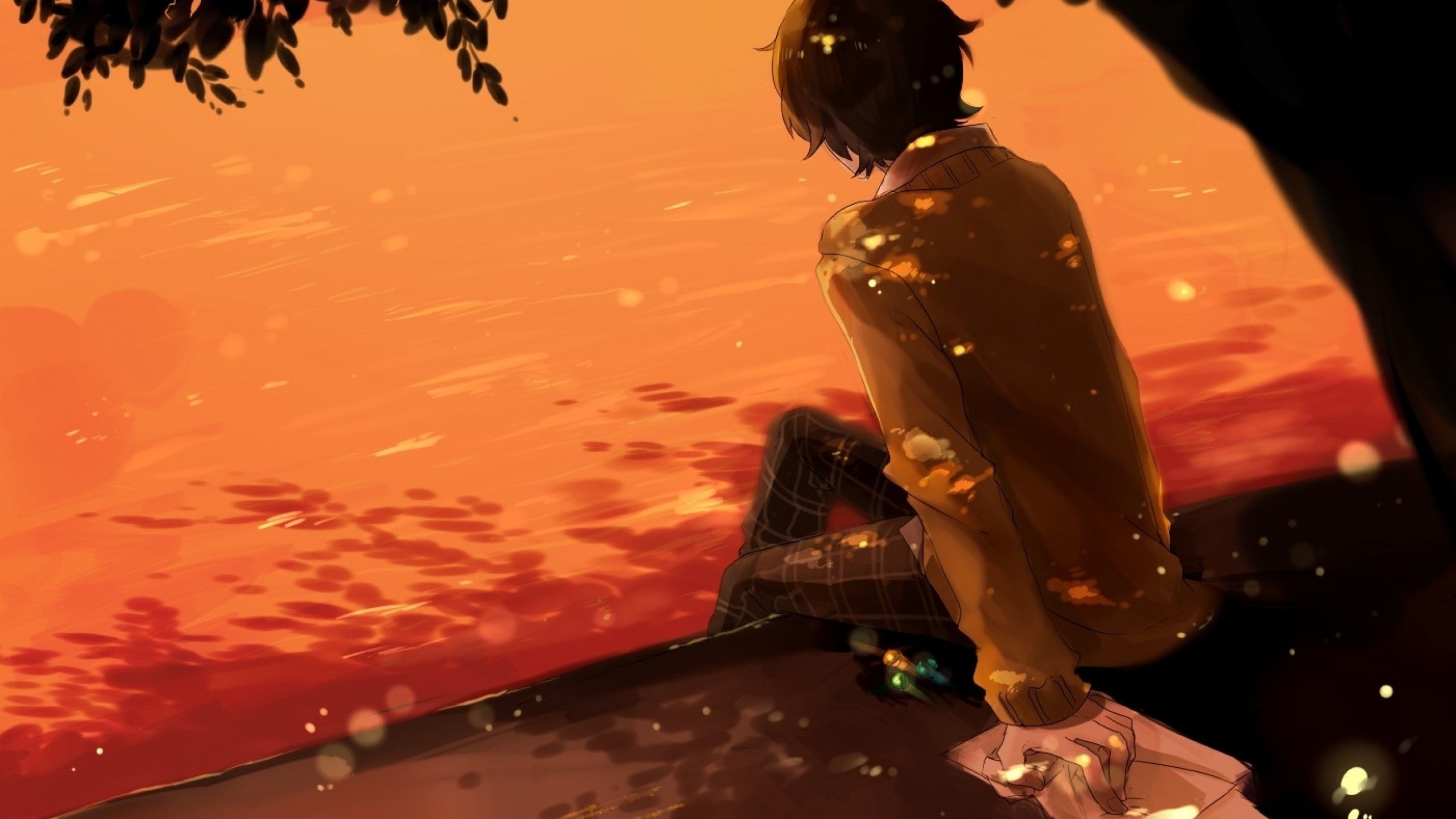 2560x1440 Download  Anime Boy, Sunset, Tree Wallpaper for iMac 27, Desktop