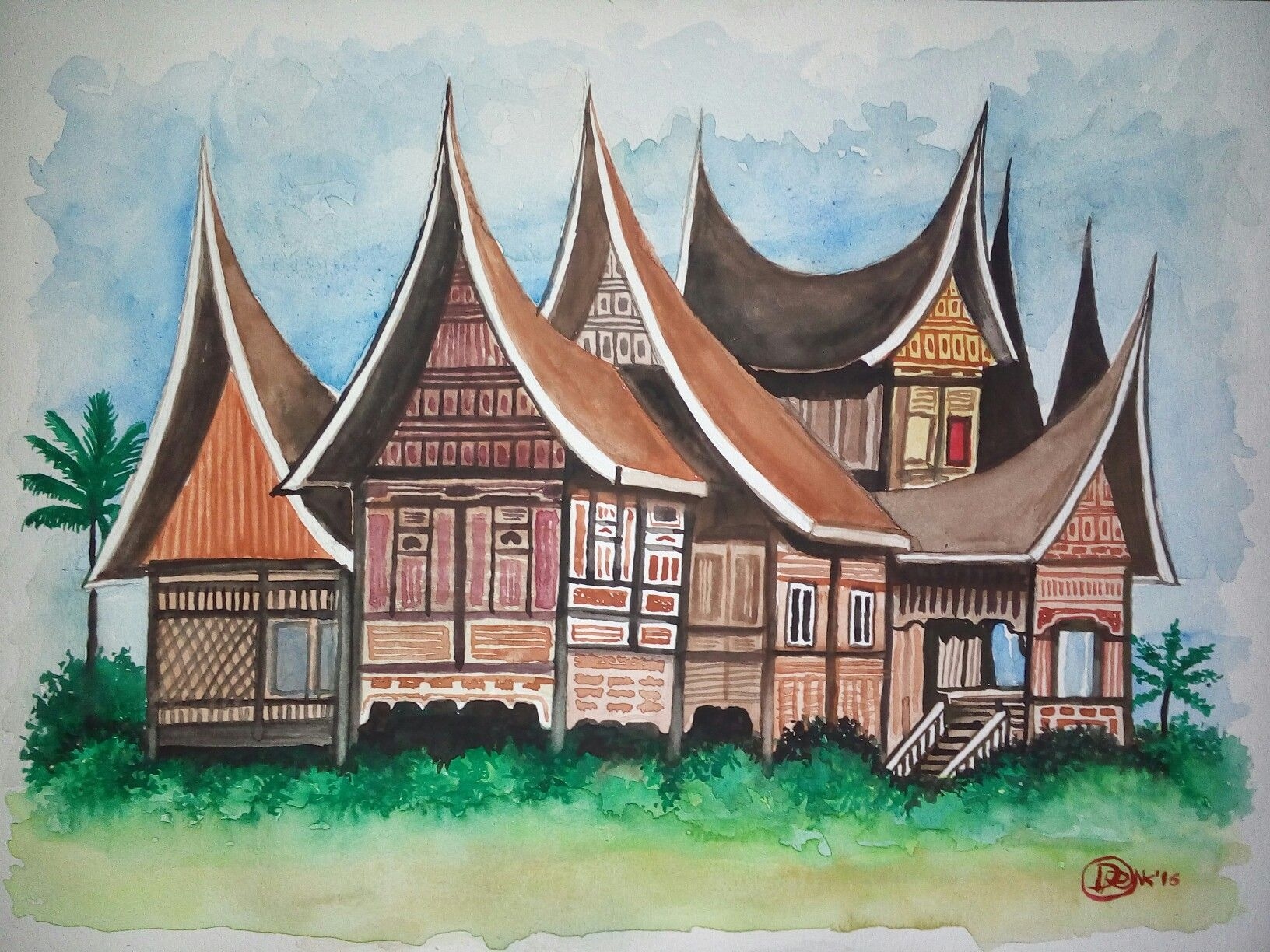 1640x1230 Water colour painting, rumah gadang, sumatra selatan, , indonesian culture. Minangkabau, Indonesian art, Dark art tattoo, Desktop