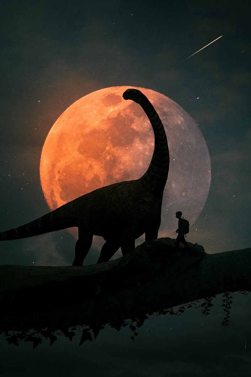 800x1200 Download wallpaper  silhouettes, dinosaur, planet, photohop, Phone