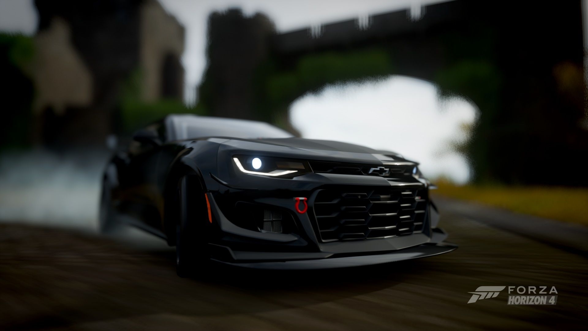 1920x1080 Wallpaper, Forza Horizon depth of field, car, chevrolet camaro zl1 1le, black cars, castle, tyre smoke, Desktop