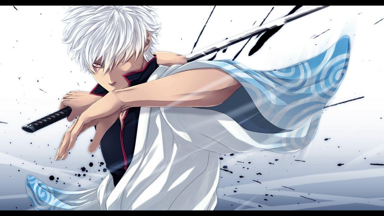 1250x700 Katana weapons Gintama red eyes short hair Sakata Gintoki anime, Desktop