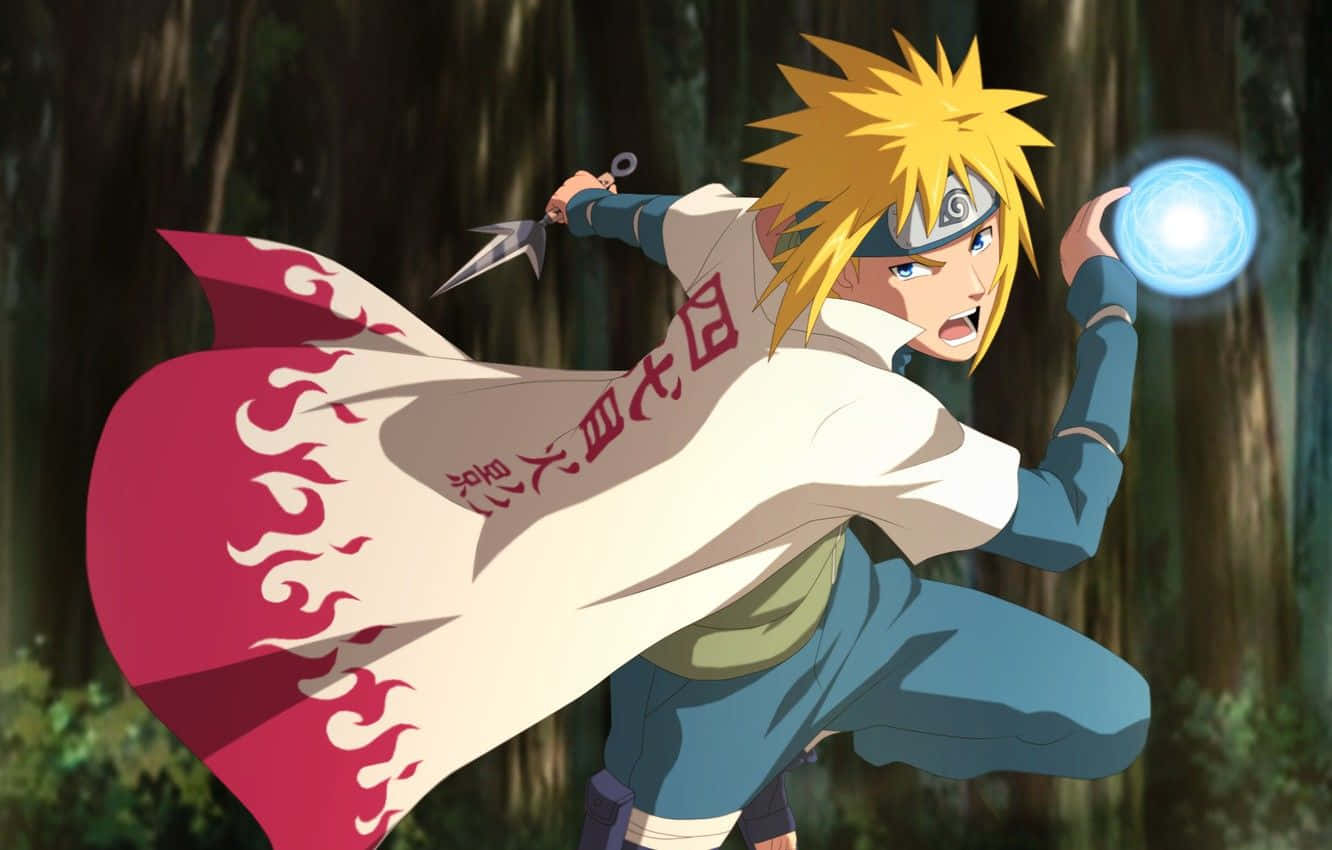 1340x850 Download The Legendary Fourth Hokage, Minato Namikaze, standing tall and confident with his Kunai in hand Wallpaper, Desktop