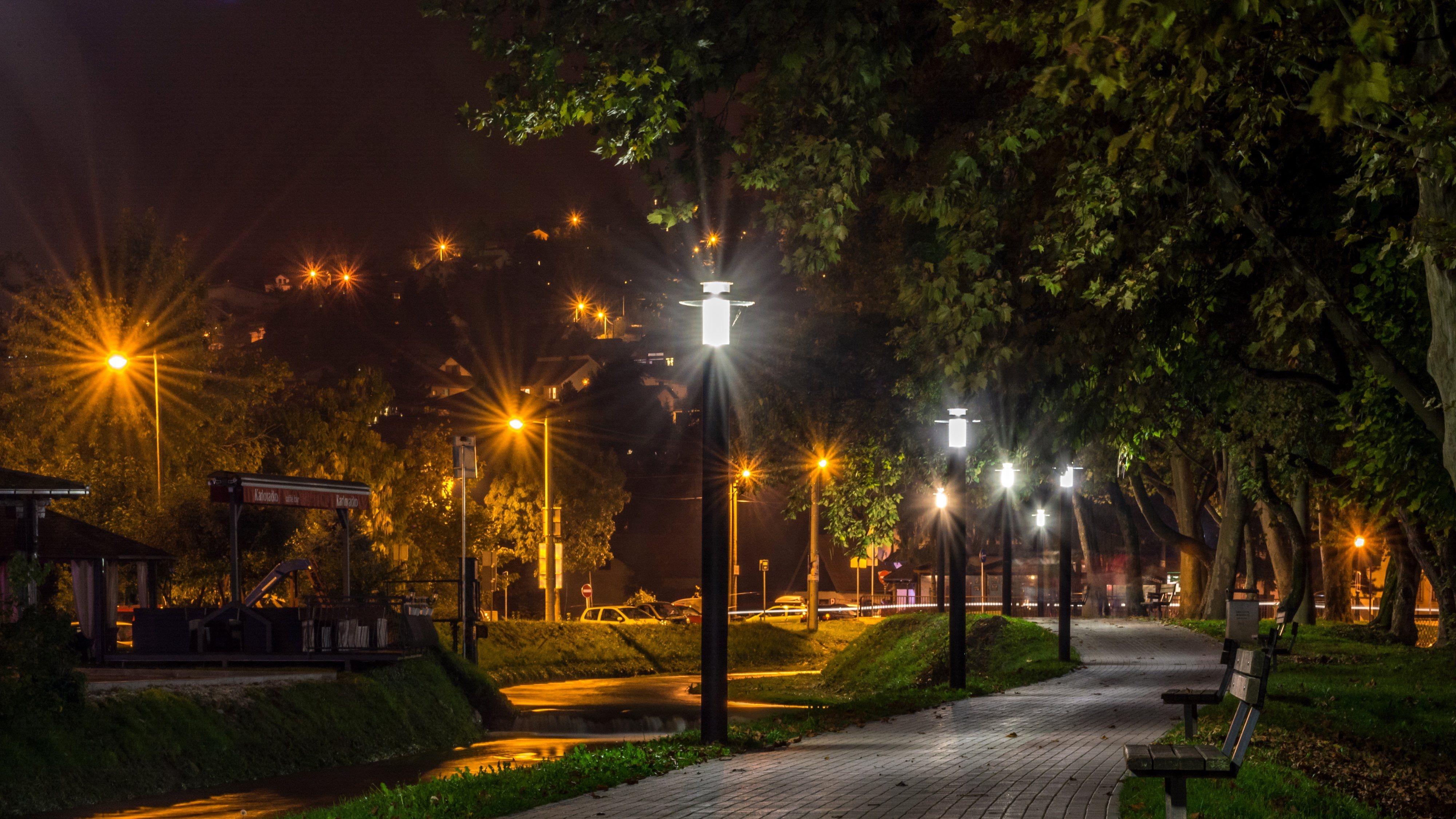 4000x2250 nature, bench, croatia, landscape wallpaper, pavement, lights, HD, Desktop