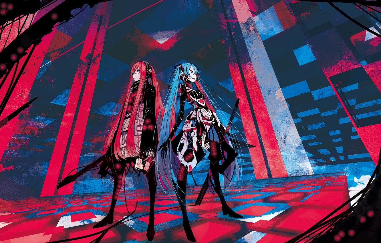 1340x850 Wallpaper abstraction, girls, guitar, art, vocaloid, hatsune miku, megurine luka image for desktop, section арт, Desktop