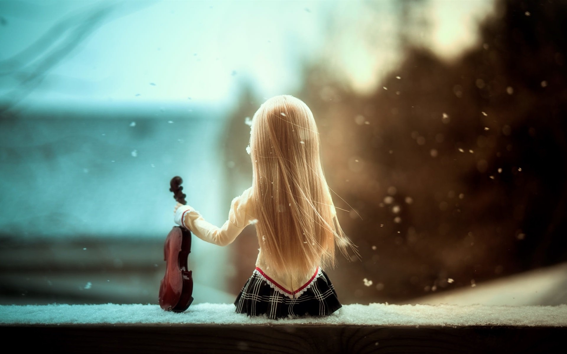 1920x1200 Wallpaper Doll girl, back view, violin, snow  HD Picture, Image, Desktop