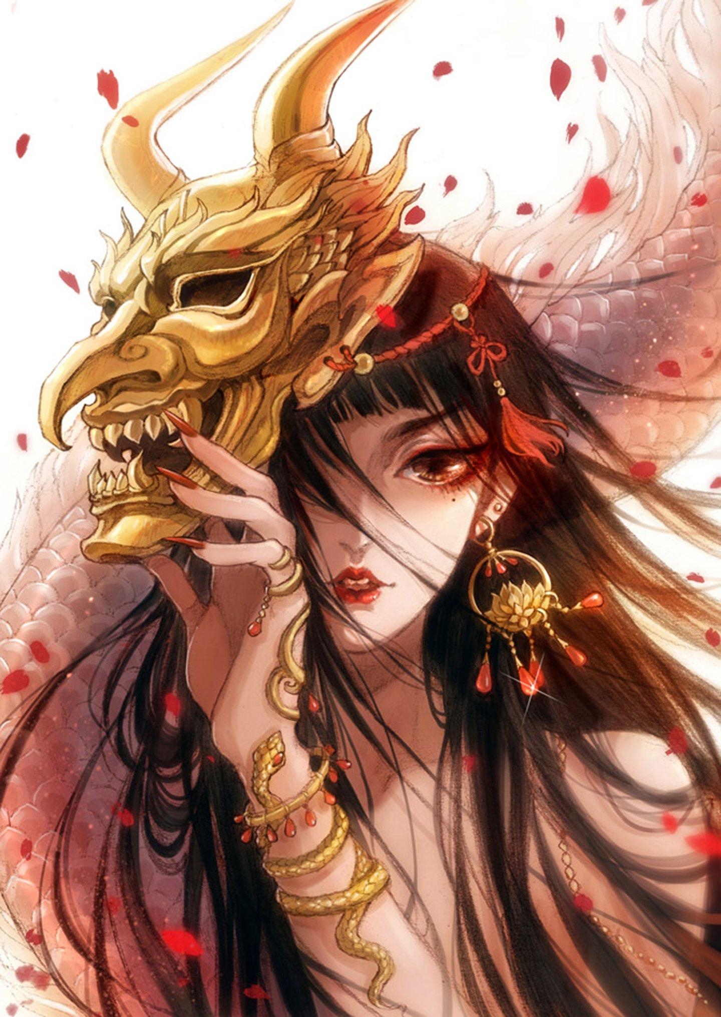 1440x2040 Anime fantasy girl mask demon petals long hair wallpaper, Phone