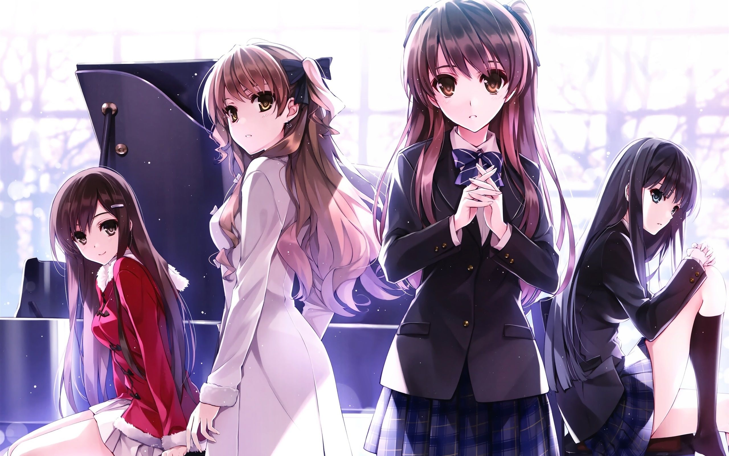 2560x1600 Wallpaper Four beautiful anime girls, schoolgirls, piano, Desktop