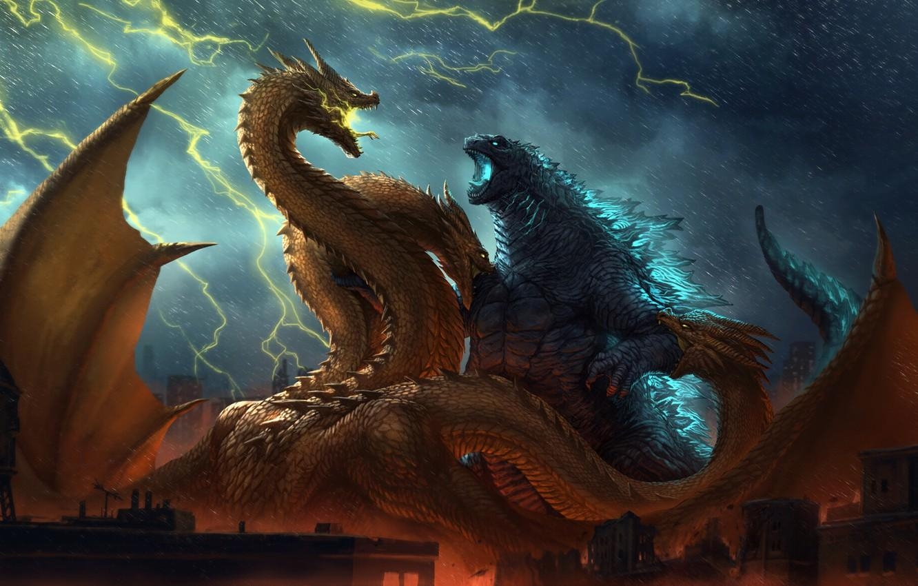 1340x850 Wallpaper Fantasy, Godzilla, Art, Lightning, Rain, Godzilla, Gull, Desktop