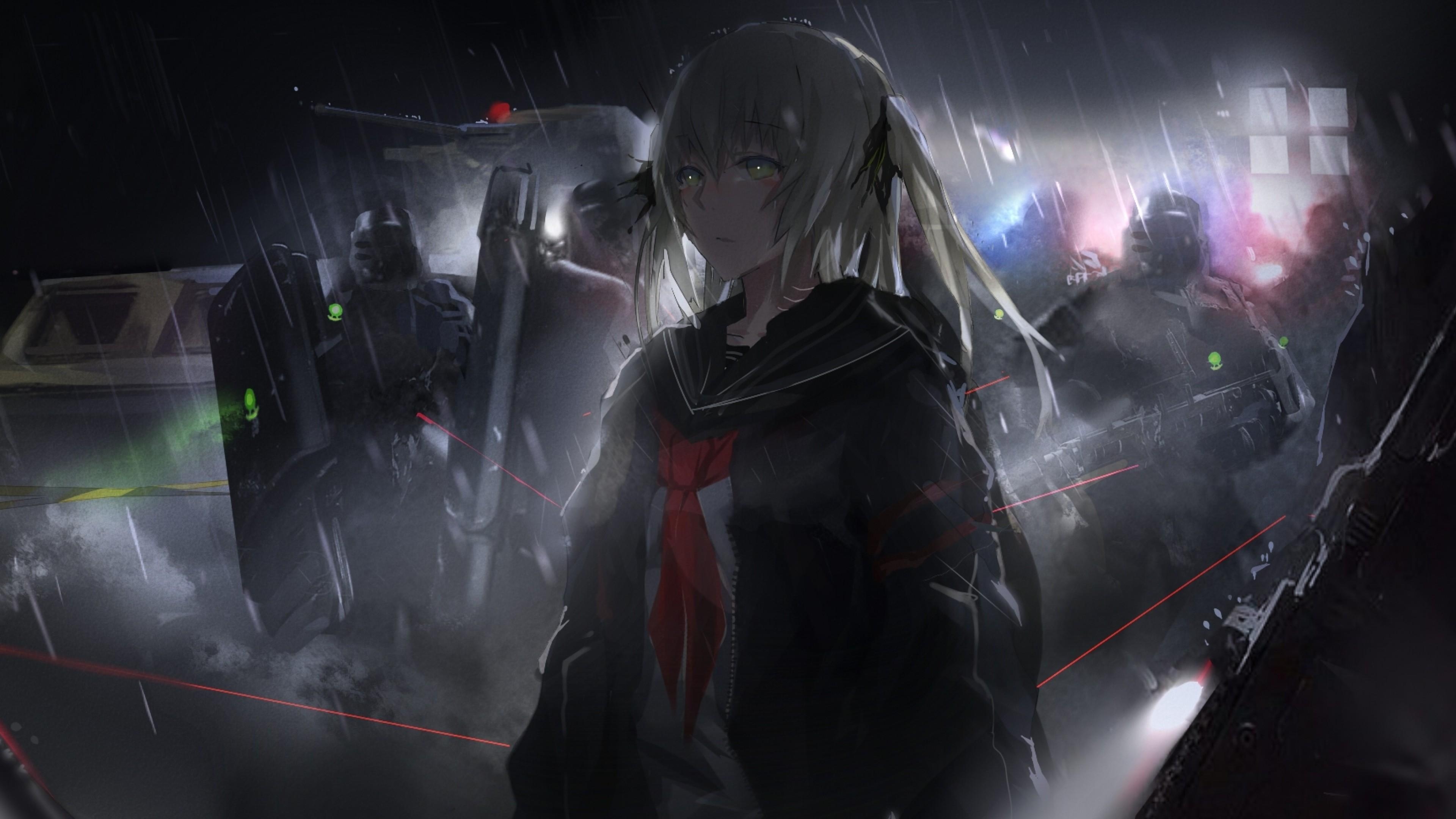 3840x2160 Anime Girl, Soldiers, Raining, Dark Theme, Guns, Desktop