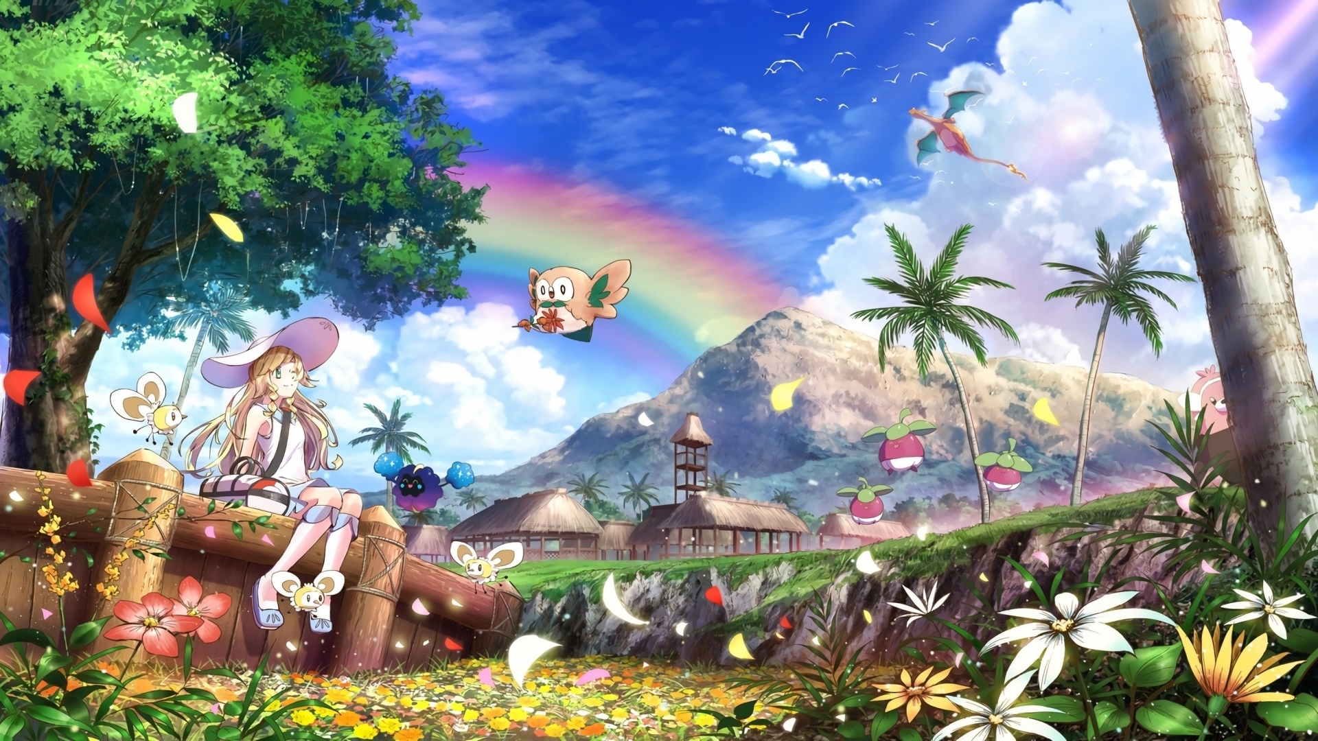 1920x1080 Wallpaper Rainbow, Charizard, Clouds, Pokemon, Lillie, Flowers, Nature, Tree:2901x1622, Desktop