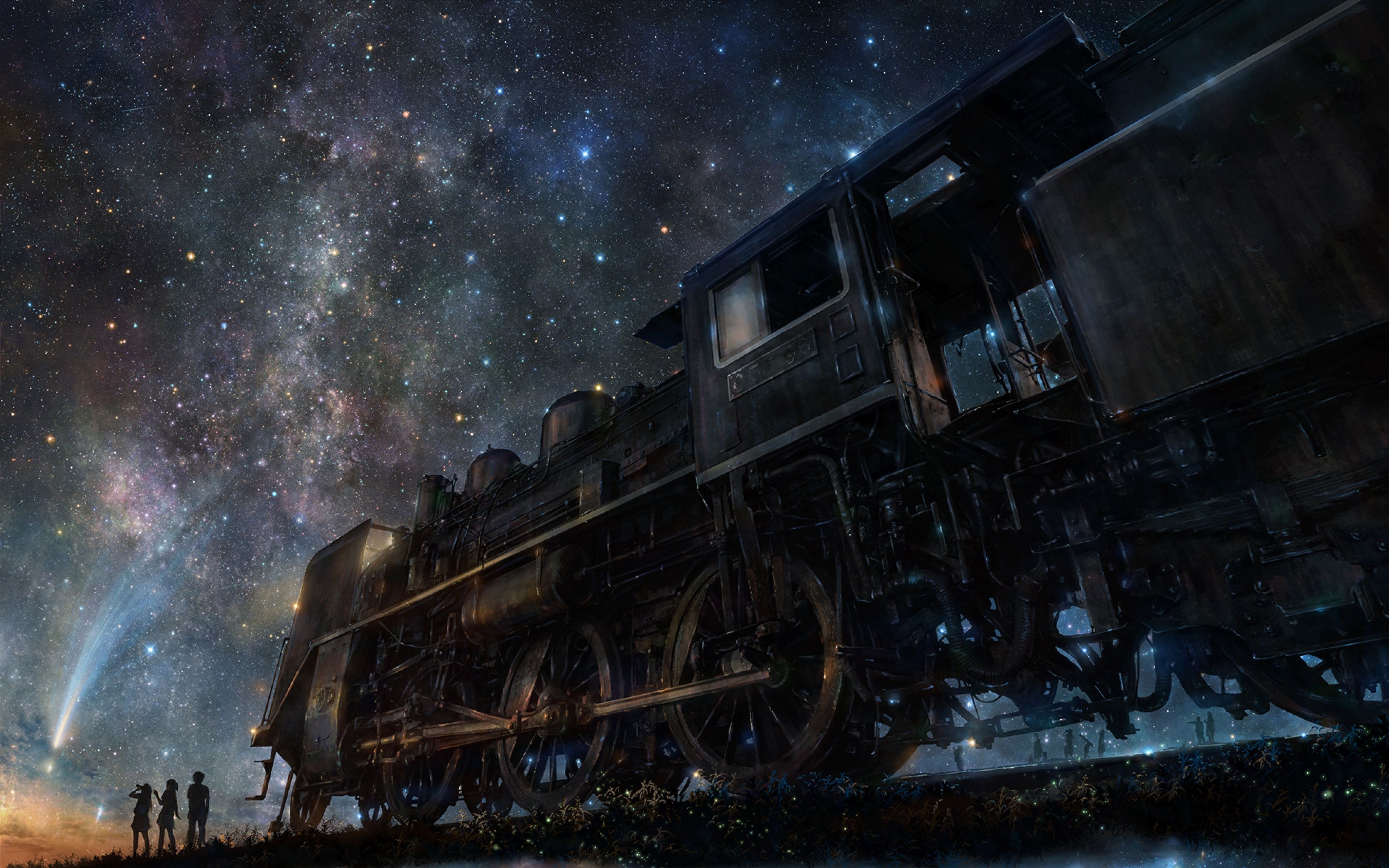 3840x2400 Wallpaper iy tujiki, art, night, train, anime, starry sky, Desktop