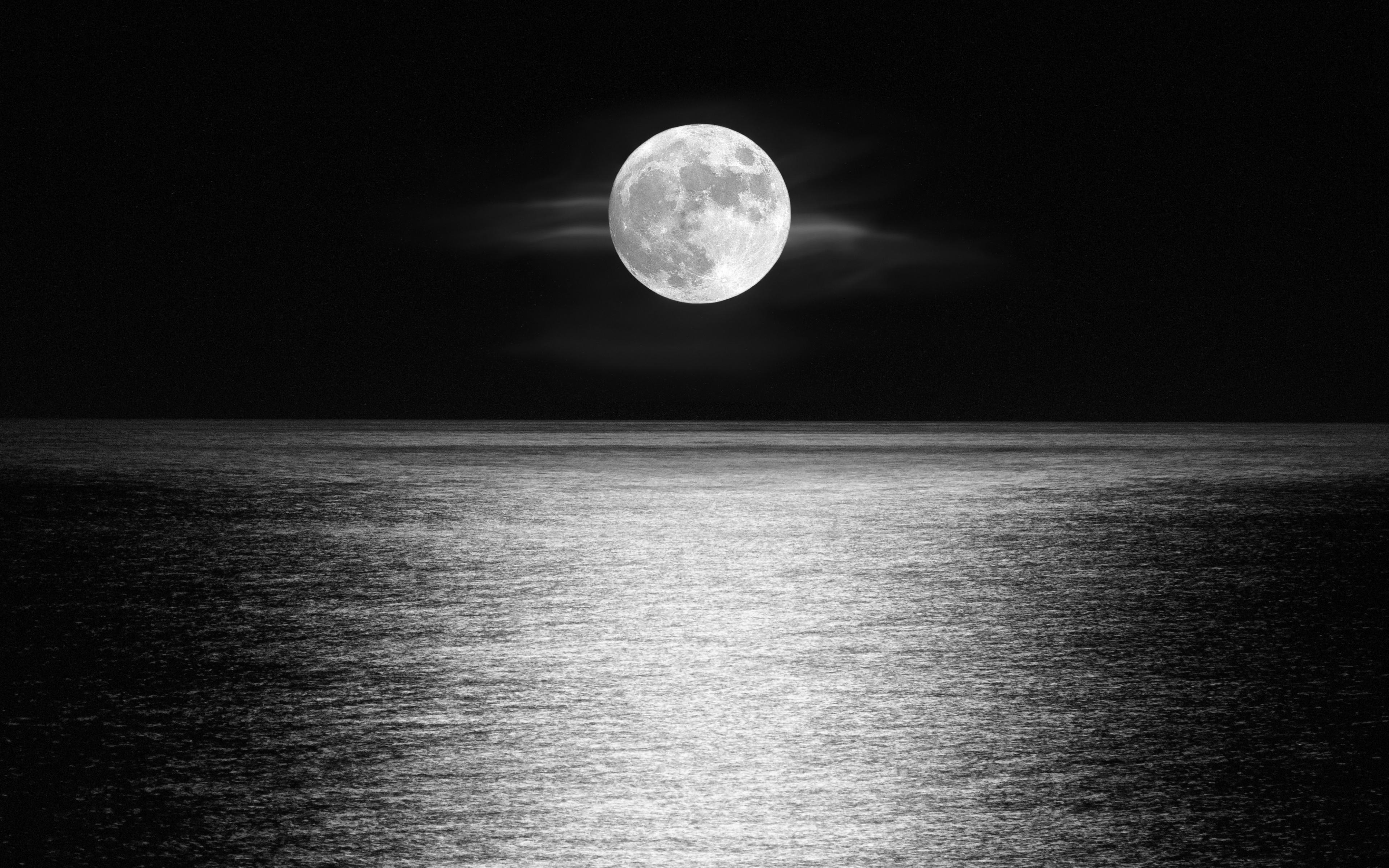 3840x2400 Download  wallpaper moon, sea, sky, monochrome, night, 4k, Desktop