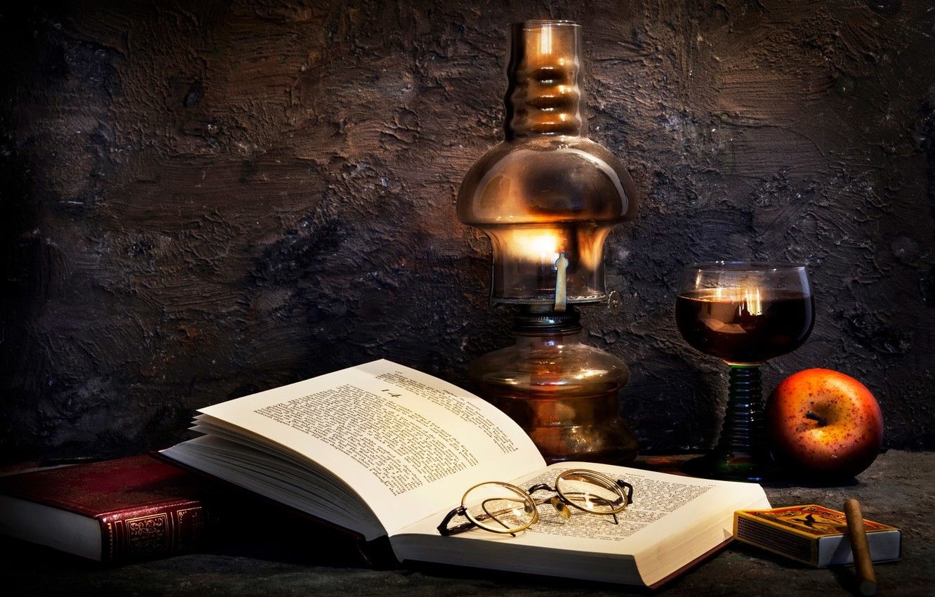 1340x850 Wallpaper books, lamp, Apple, glasses, Burning the midnight oil image for desktop, section стиль, Desktop