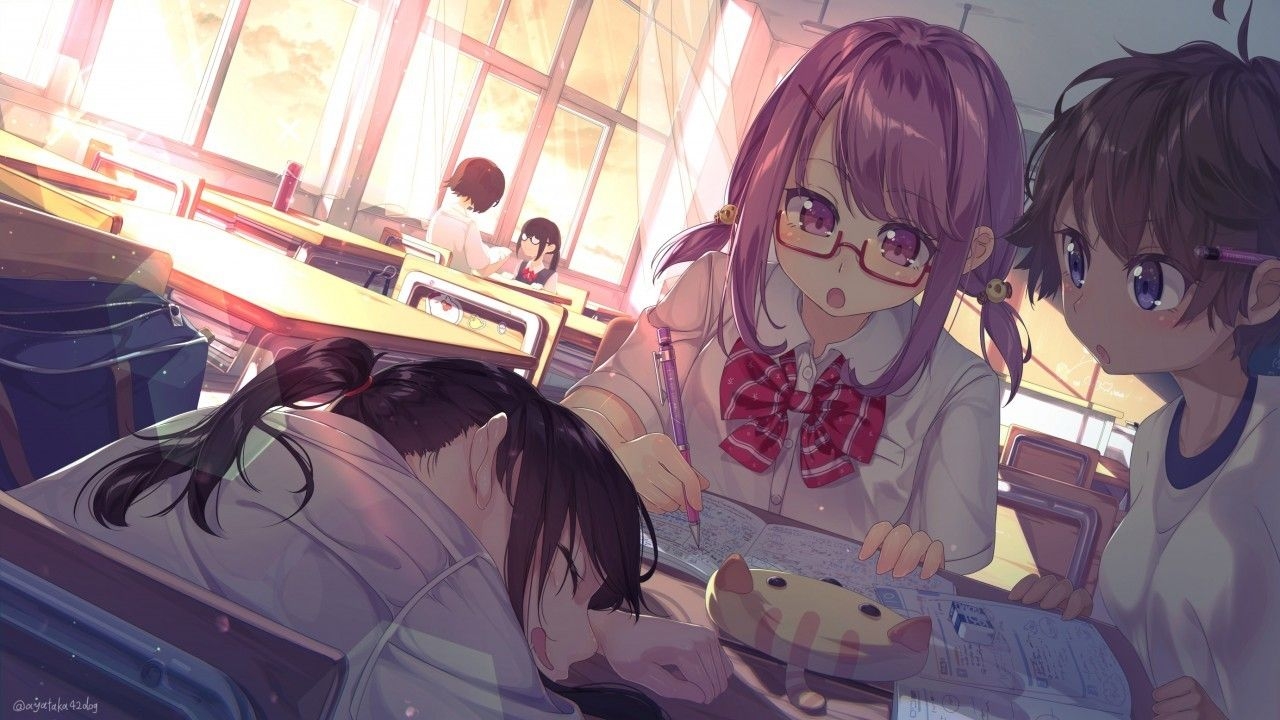 1280x720 Download  Anime Classroom, Sleepy Students, Friends, Studying, Pink Eyes, Megane Wallpaper, Desktop