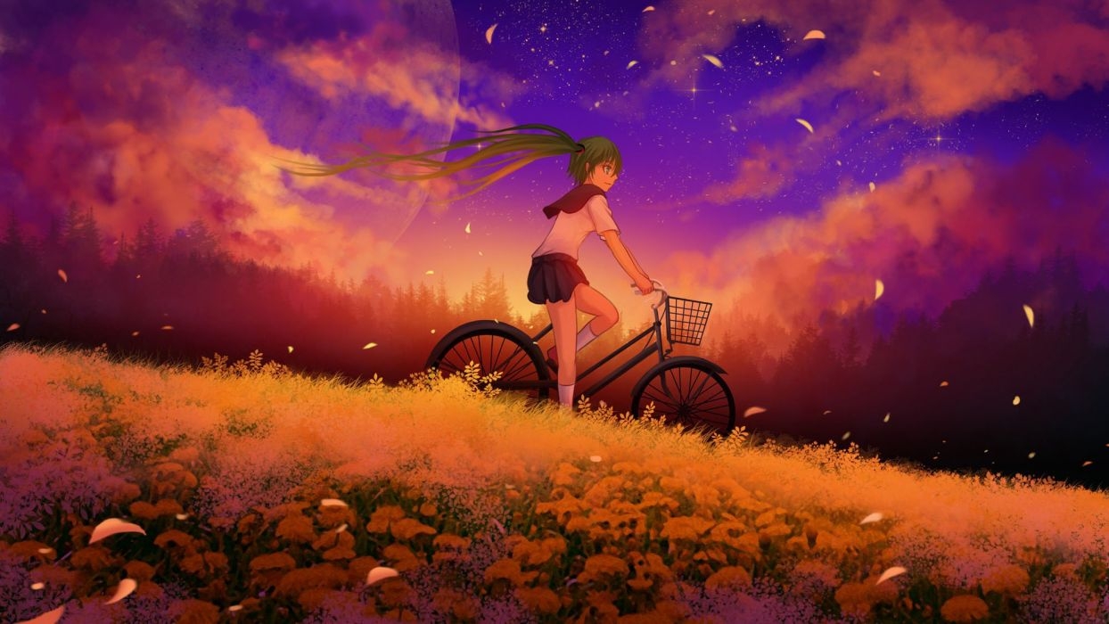 1250x700 Anime girl bike sky flower wallpaper.wallpaperup.com, Desktop