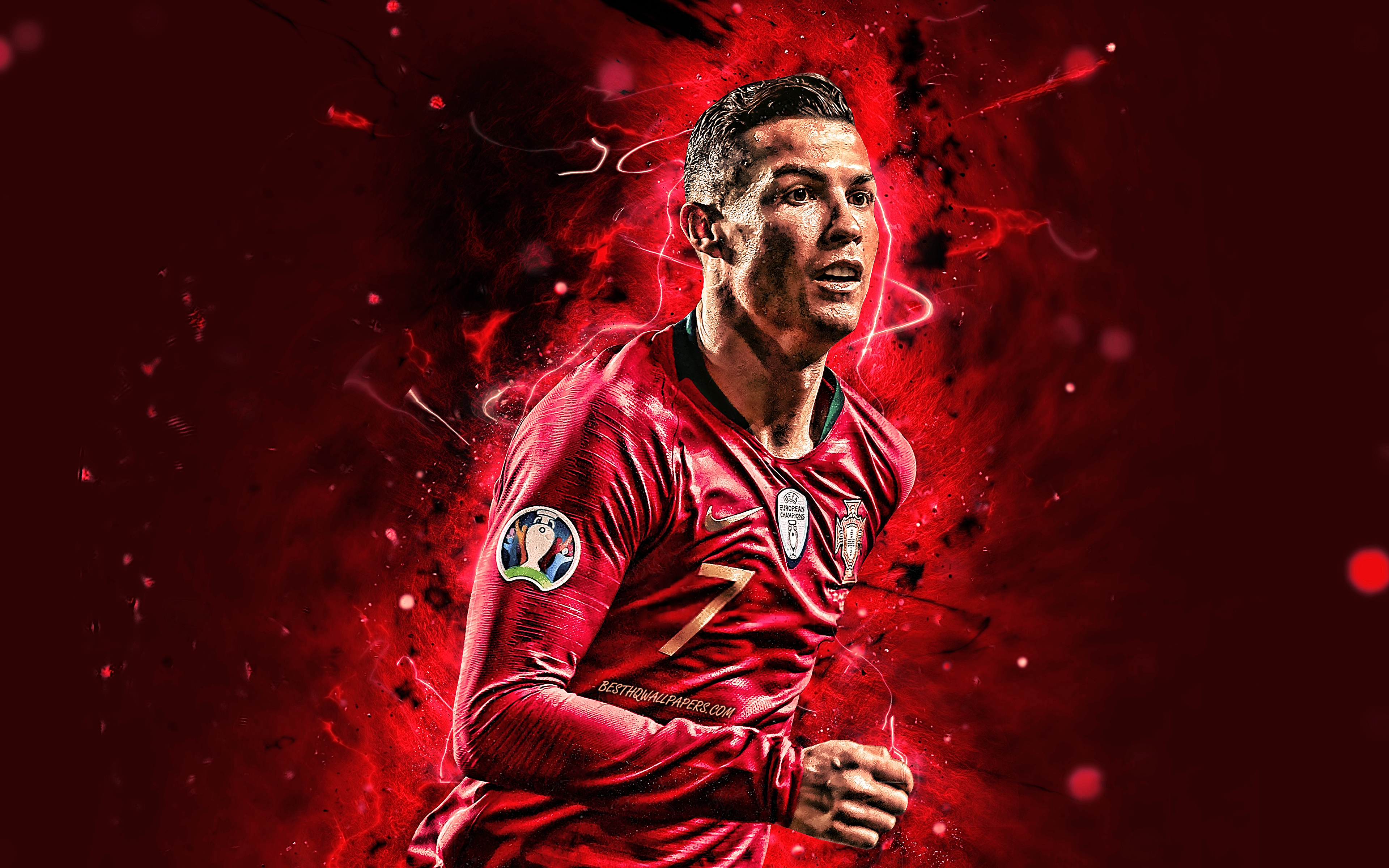 3840x2400 Download wallpaper Cristiano Ronaldo, 4k, joy, Portugal National Team, soccer, CR neon lights, joyful Cristiano Ronaldo, Portuguese football team for desktop with resolution. High Quality HD picture wallpaper, Desktop