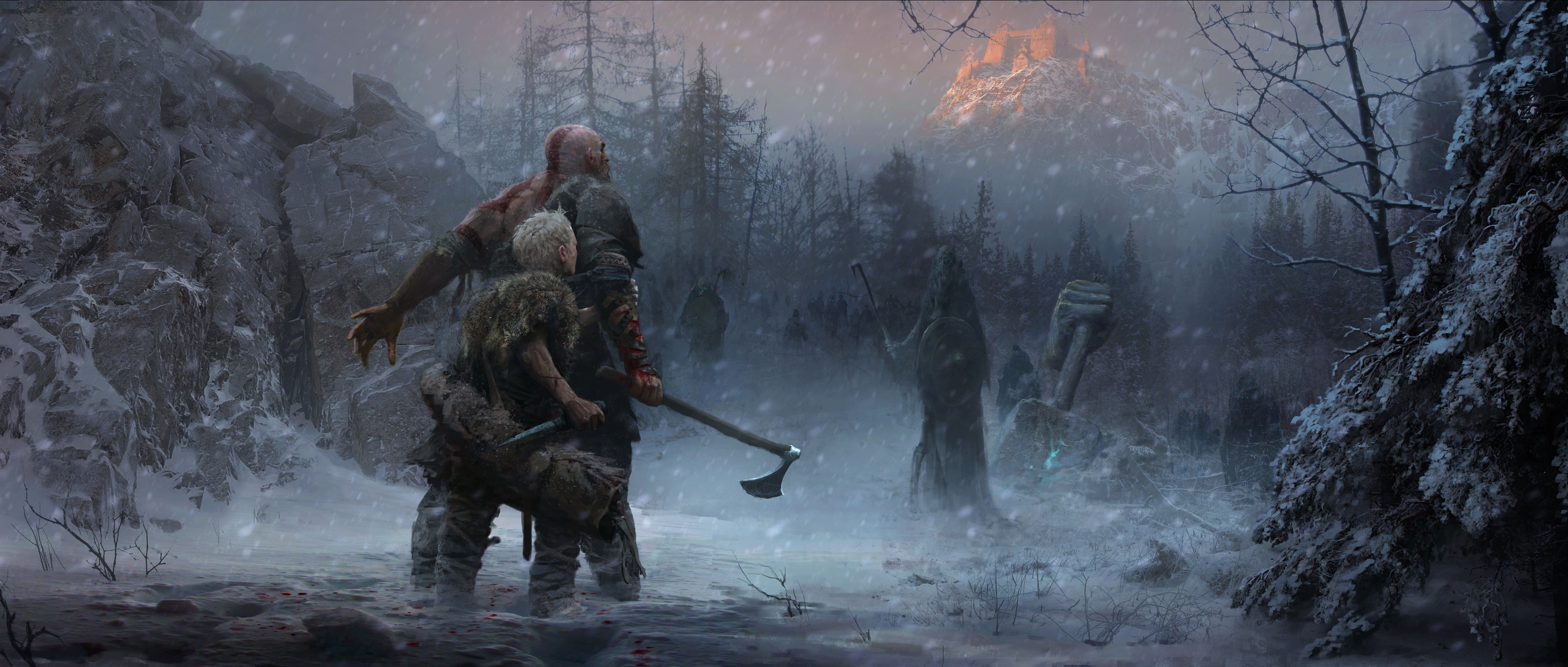 5000x2130 Wallpaper God of War, Atreus, Artwork, 4K, Games, Dual Screen