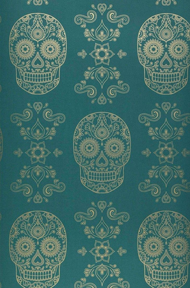 730x1100 Wallpaper Dia de los Muertos (Emerald green, Gold), Phone