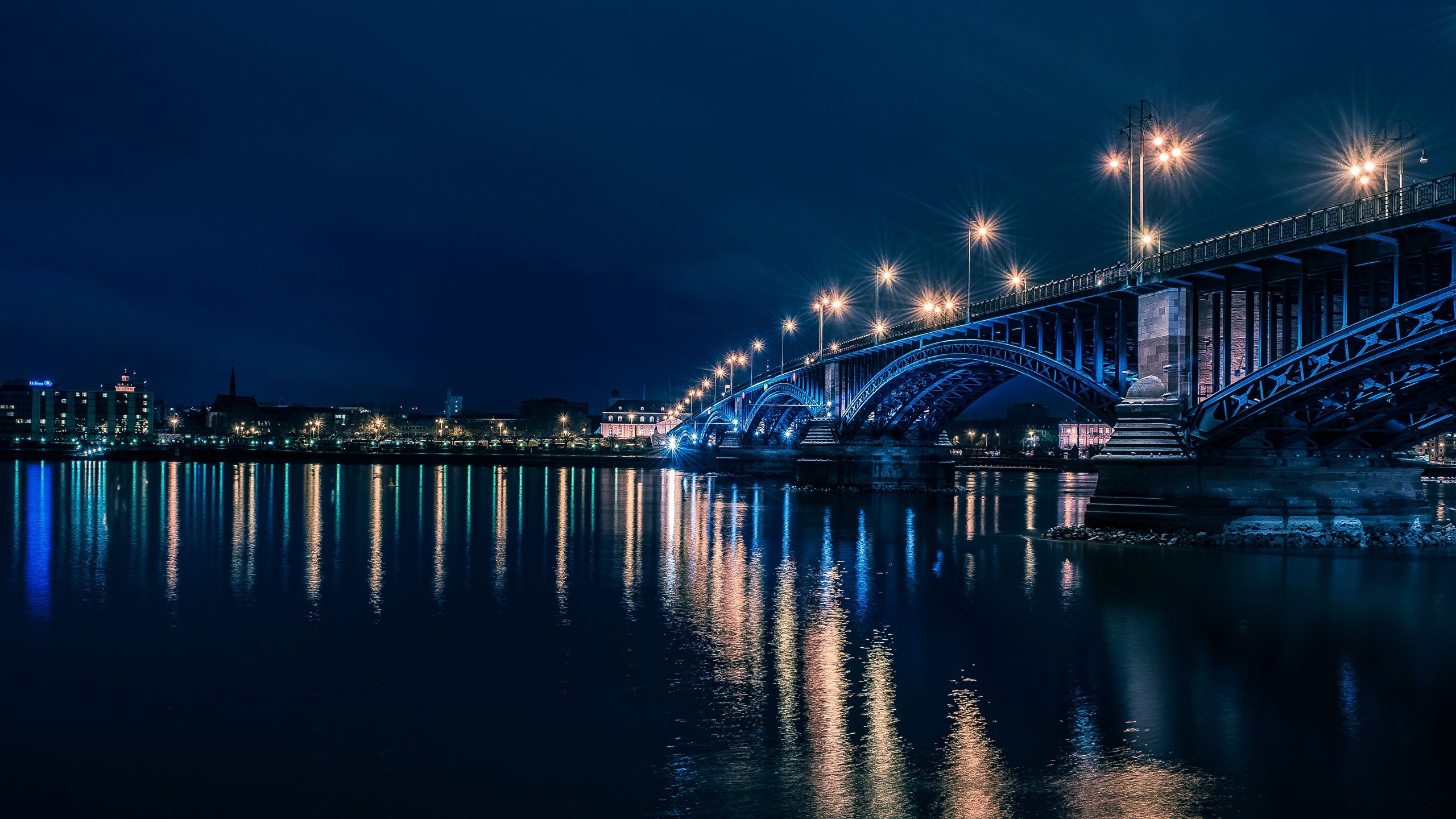 2560x1440 Image Cities Germany bridge river Mainz night time Street, Desktop