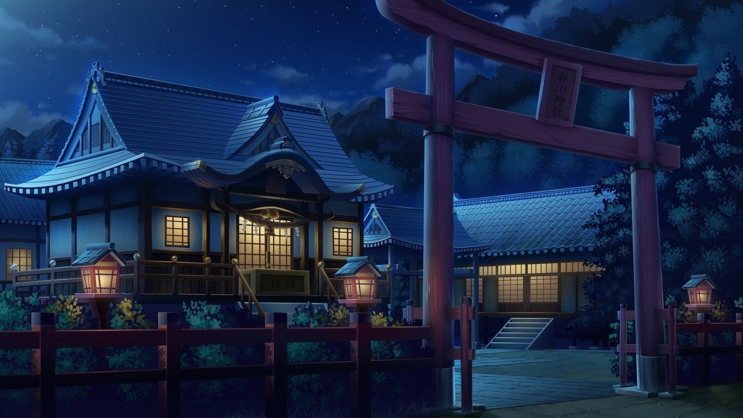 1500x850 Anime  anime torii artwork house lantern fence lights night Asian architecture. Asian architecture, Asian landscape, Building illustration, Desktop