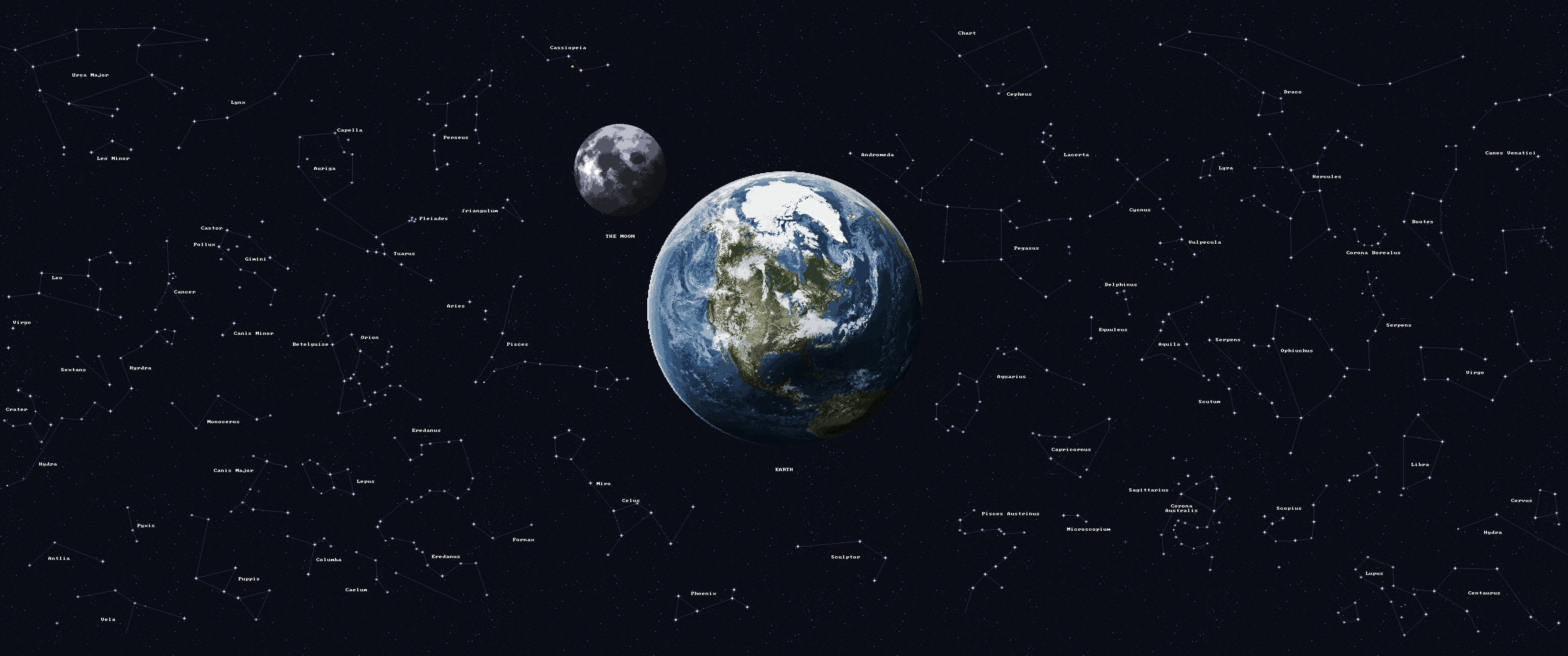 3440x1440 Wallpaper / Moon, 8 Bit, Stars, Pixels, Earth, Ultra Wide, Space, Pixel Art, 2K Free Download, Dual Screen