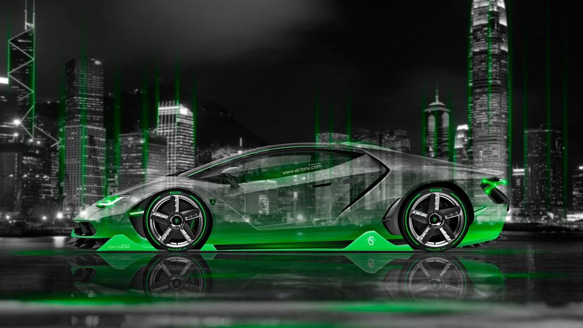 1200x680 Lamborghini Centenario Side Crystal City Night Car 2016 Green Neon, Desktop