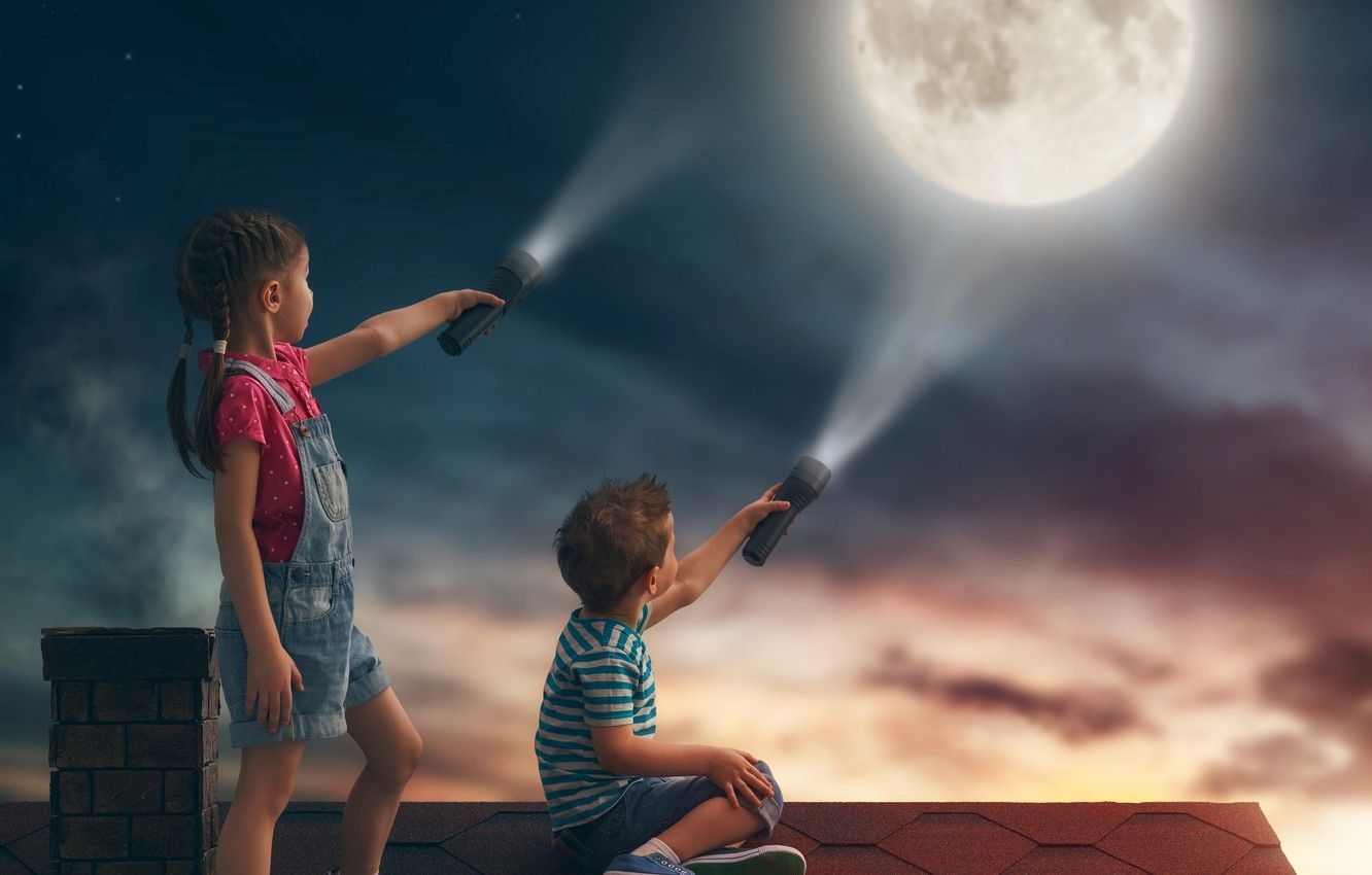 1340x850 Wallpaper roof, the sky, night, children, house, the moon, boy, girl, lantern, moon, friends, night, children image for desktop, section настроения, Desktop