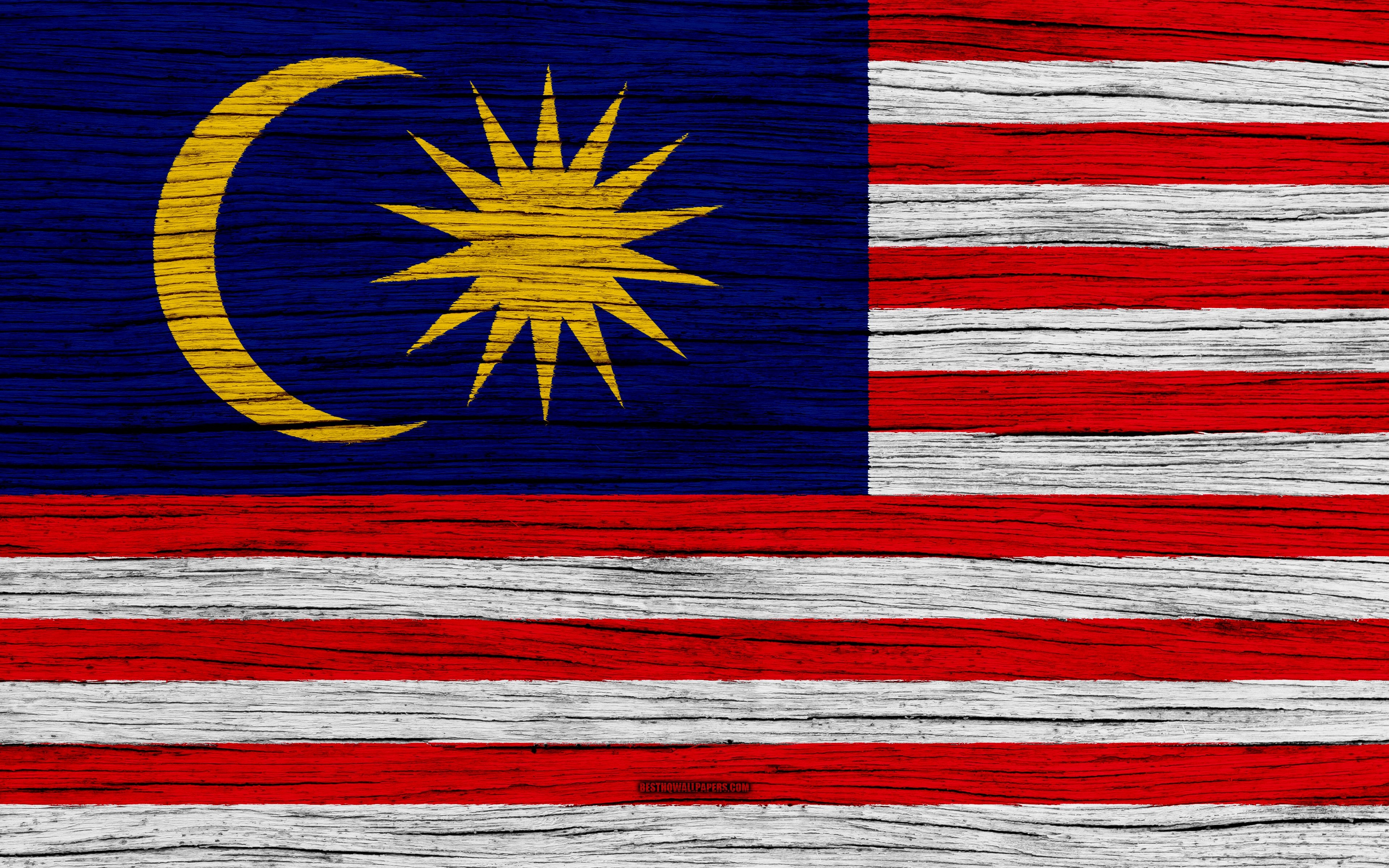 3840x2400 Download wallpaper Flag of Malaysia, 4k, Asia, wooden texture, Desktop