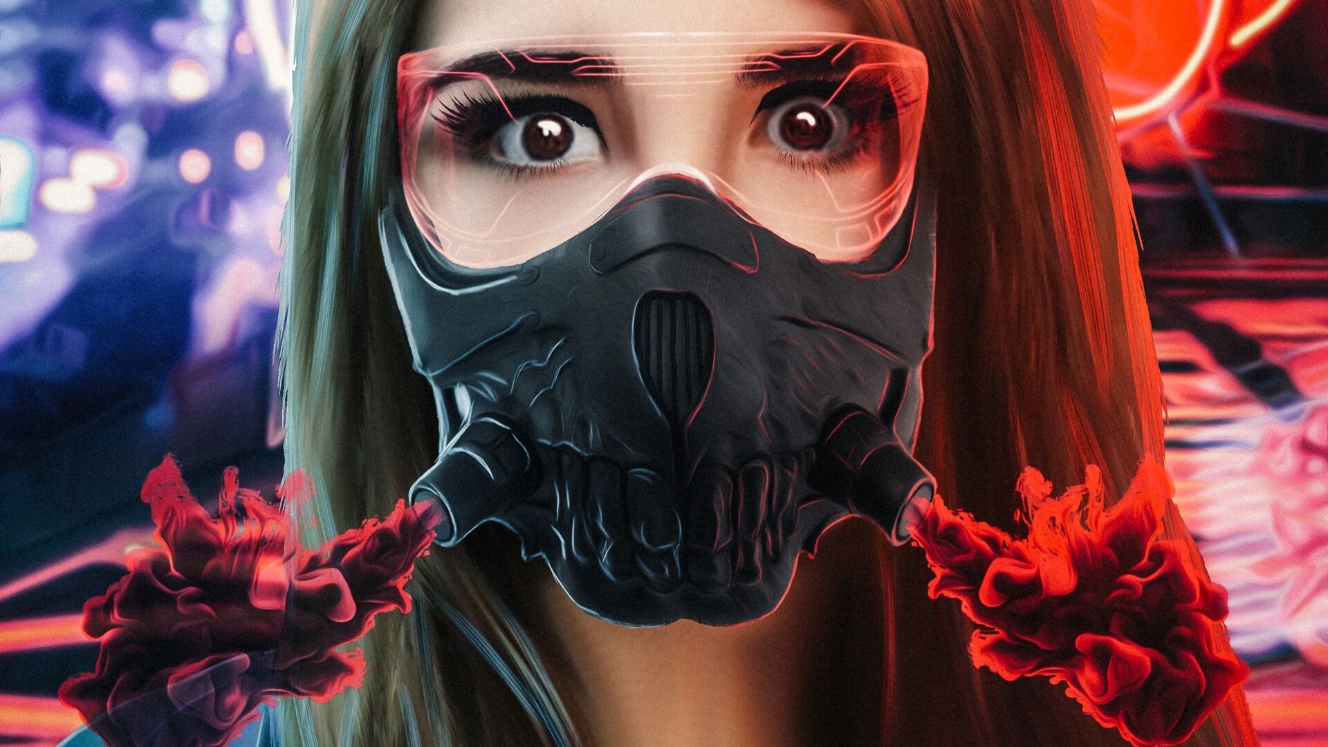 1920x1080 Gas Mask Girl Neon Wallpaper 53390, Desktop