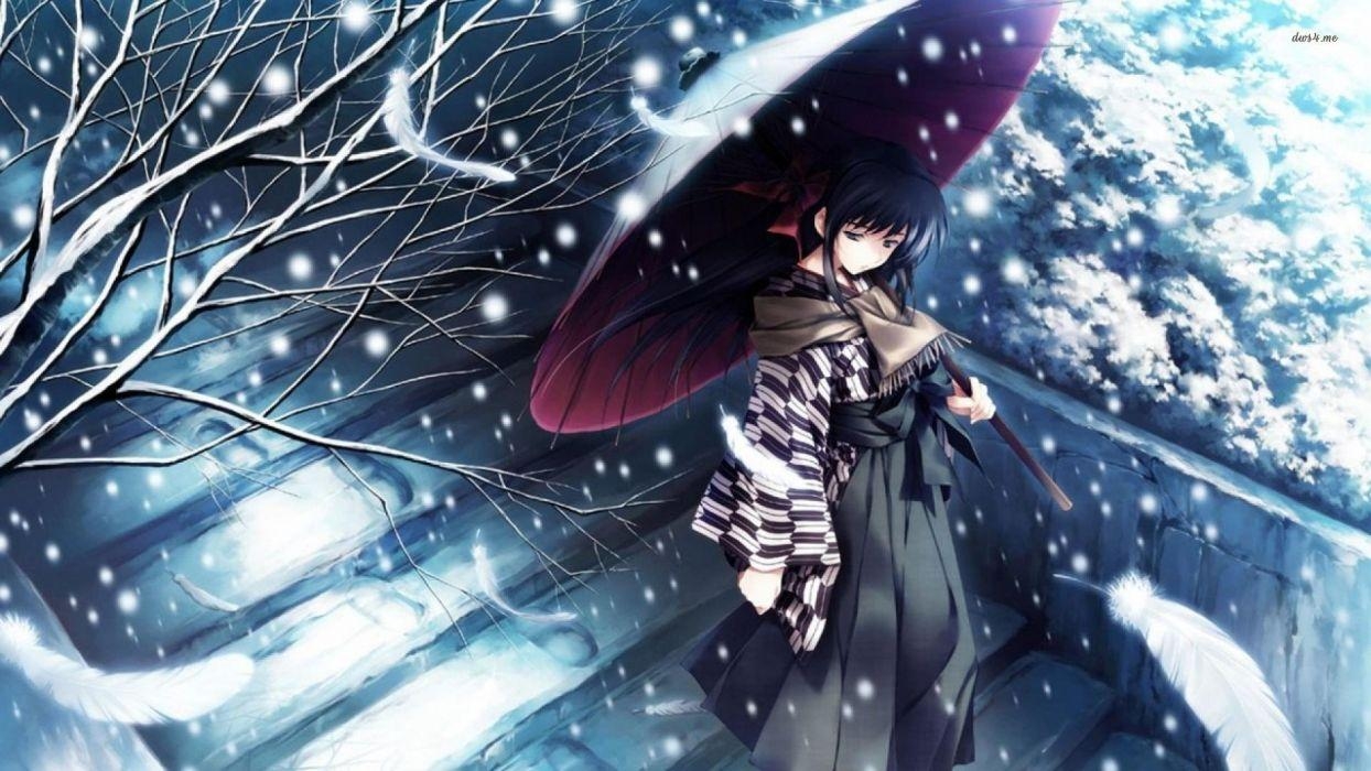 1250x700 Snow tree kimono girl alone sad anime blue wallpaperx1080, Desktop