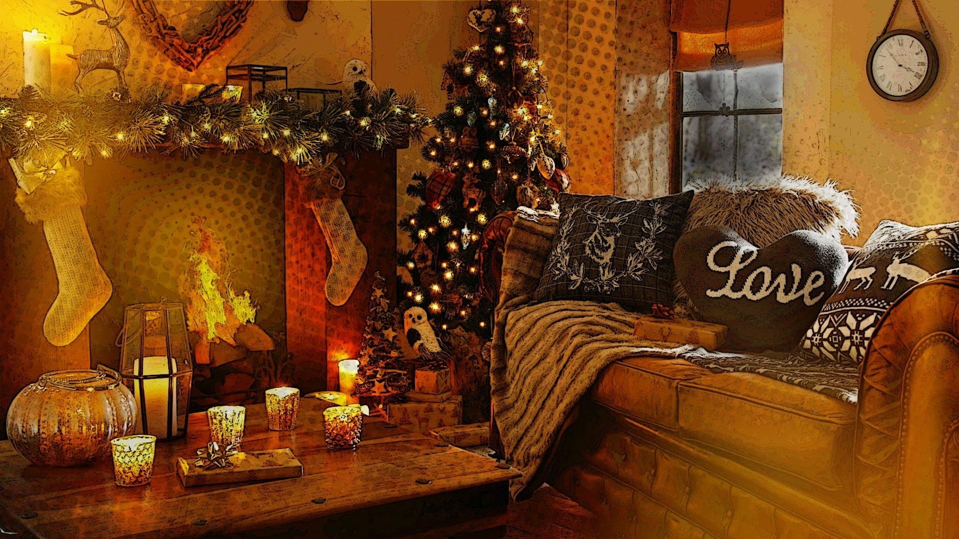 1920x1080 Christmas tree, sofa, fireplace and coffee table, fireplace, Desktop