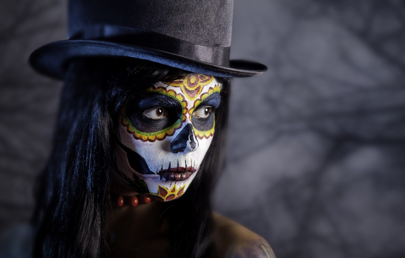 1340x850 Wallpaper girl, background, portrait, hat, makeup, brunette, hairstyle, Halloween, Halloween, bokeh, makeup image for desktop, section стиль, Desktop