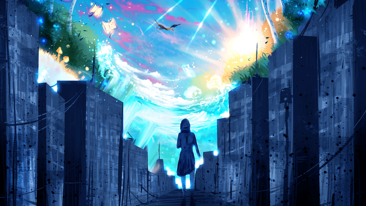 1540x870 Download  Anime Girl, Walking, Scenic, Sky Wallpaper, Desktop