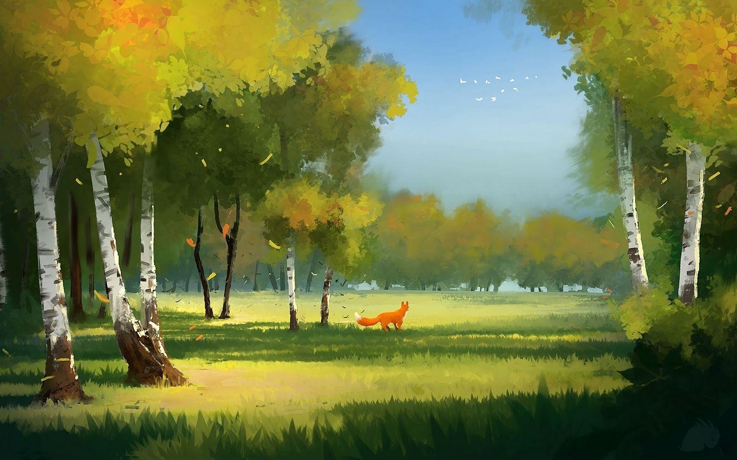 1440x900 Download wallpaper  forest, fox, art, glade, trees, Desktop