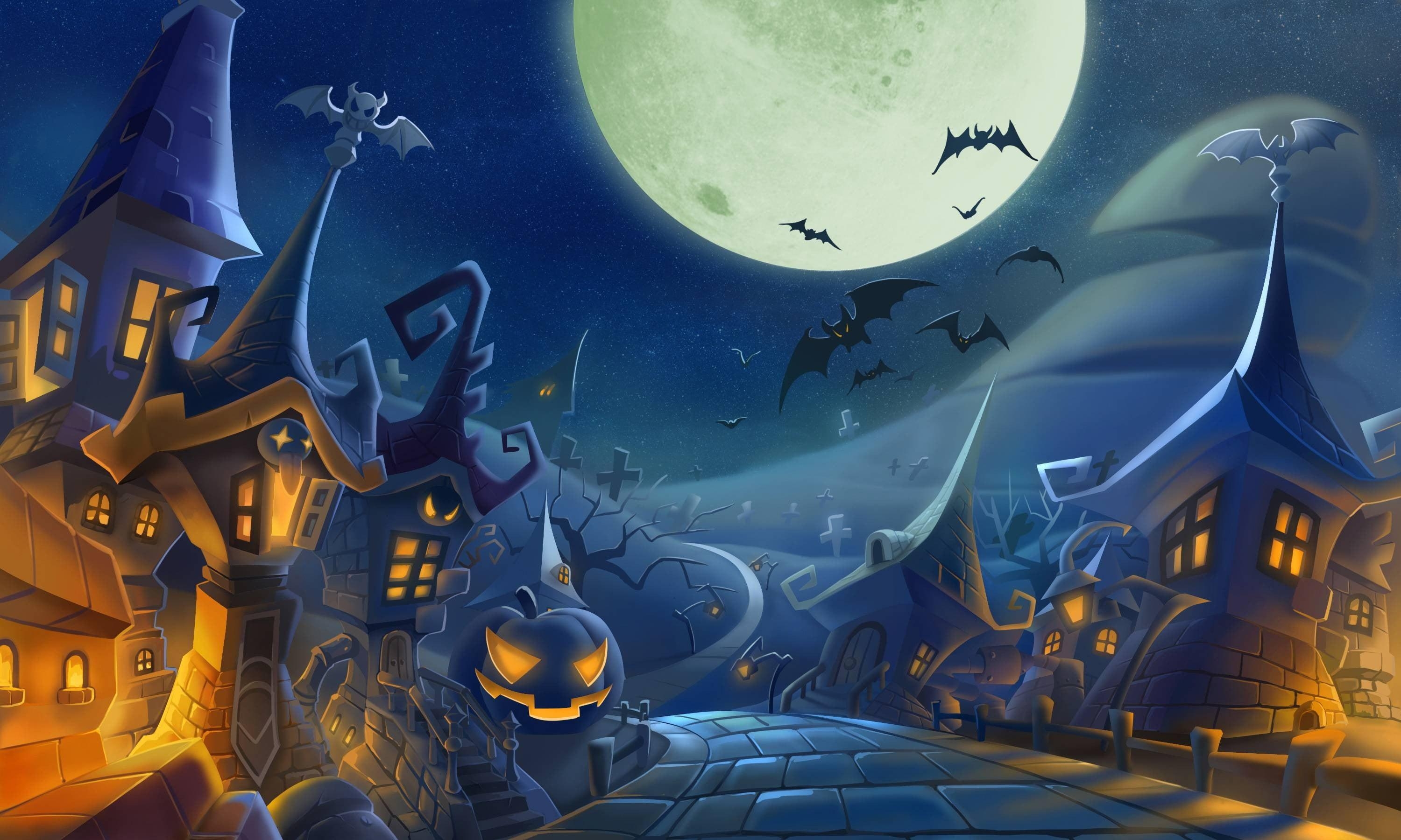 3000x1800 Halloween town illustration, Halloween, bats HD wallpaper, Desktop