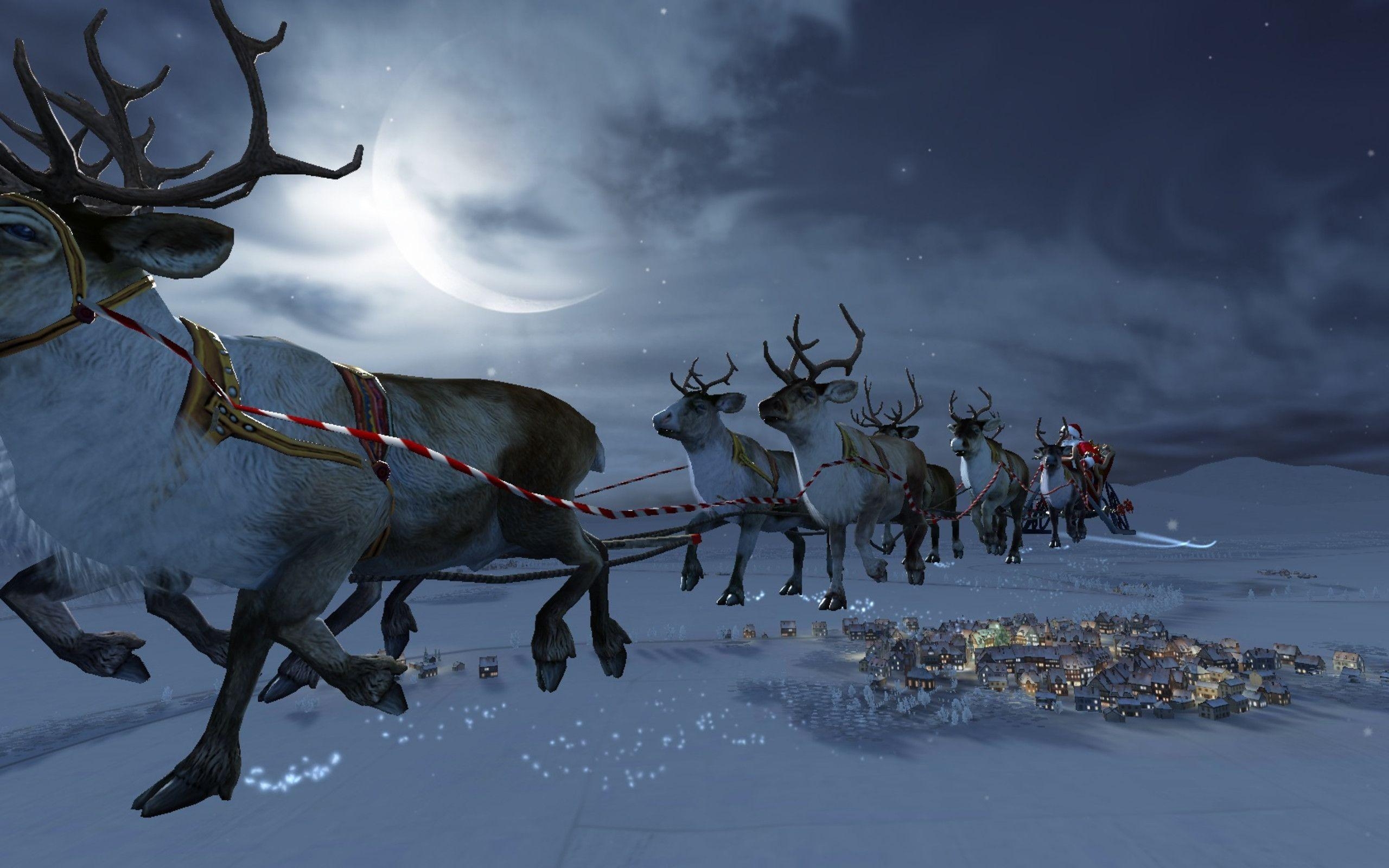 2560x1600 Wallpaper 3D, reindeer, rudolph, santa claus, christmas, moon, Desktop