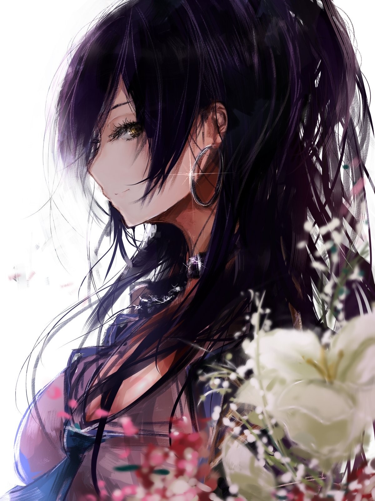 1200x1600 flowers, anime girls, THE, profile, Shirase Sakuya, Redeye rkgk, anime, face, dark hair, yellow eyes. Mocah HD Wallpaper, Phone