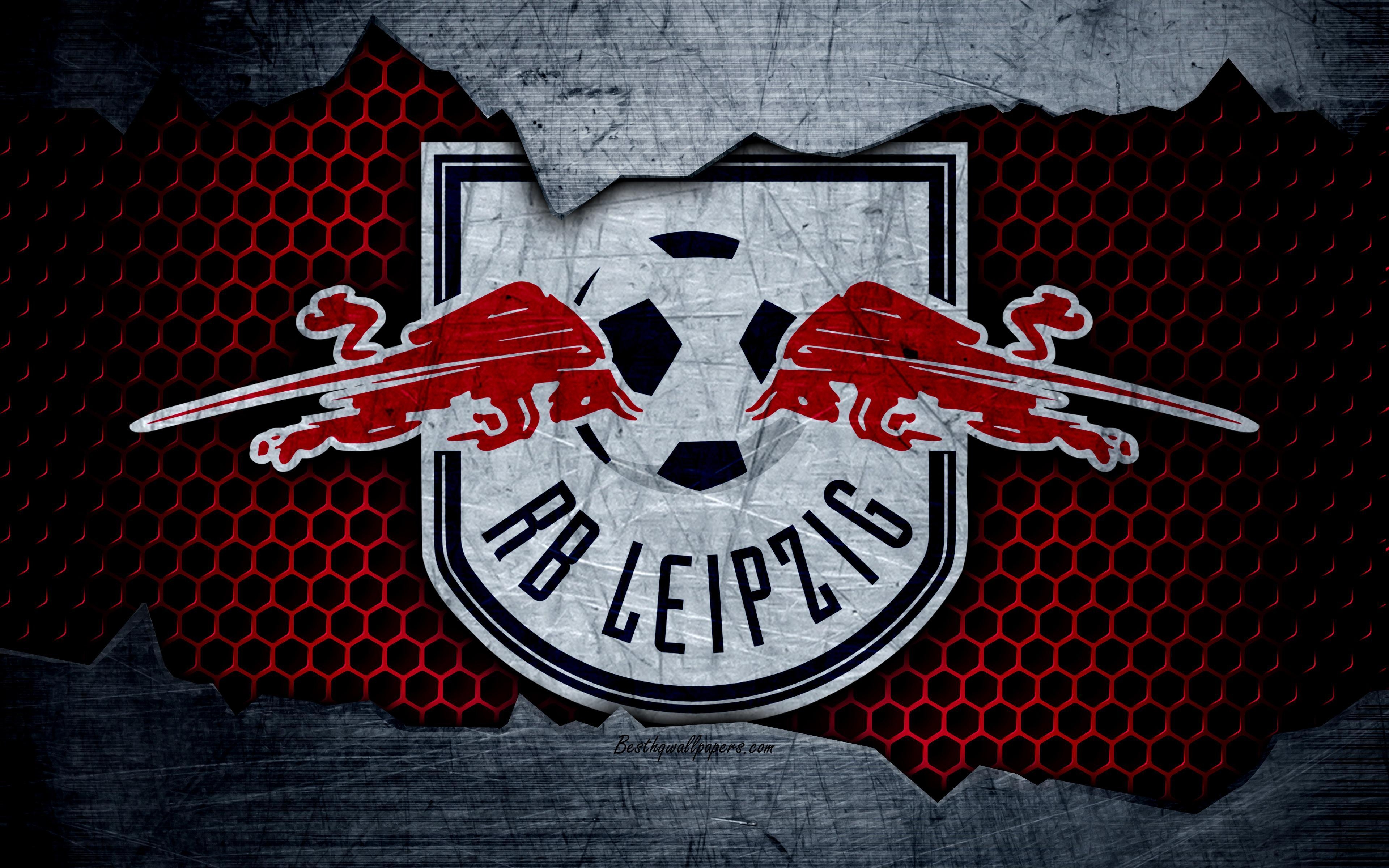 3840x2400 Download wallpaper RB Leipzig, 4k, logo, Bundesliga, metal texture, Desktop