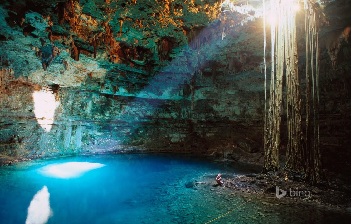 1340x850 Wallpaper water, light, Mexico, cave, failure, Valladolid, Cenote, Desktop