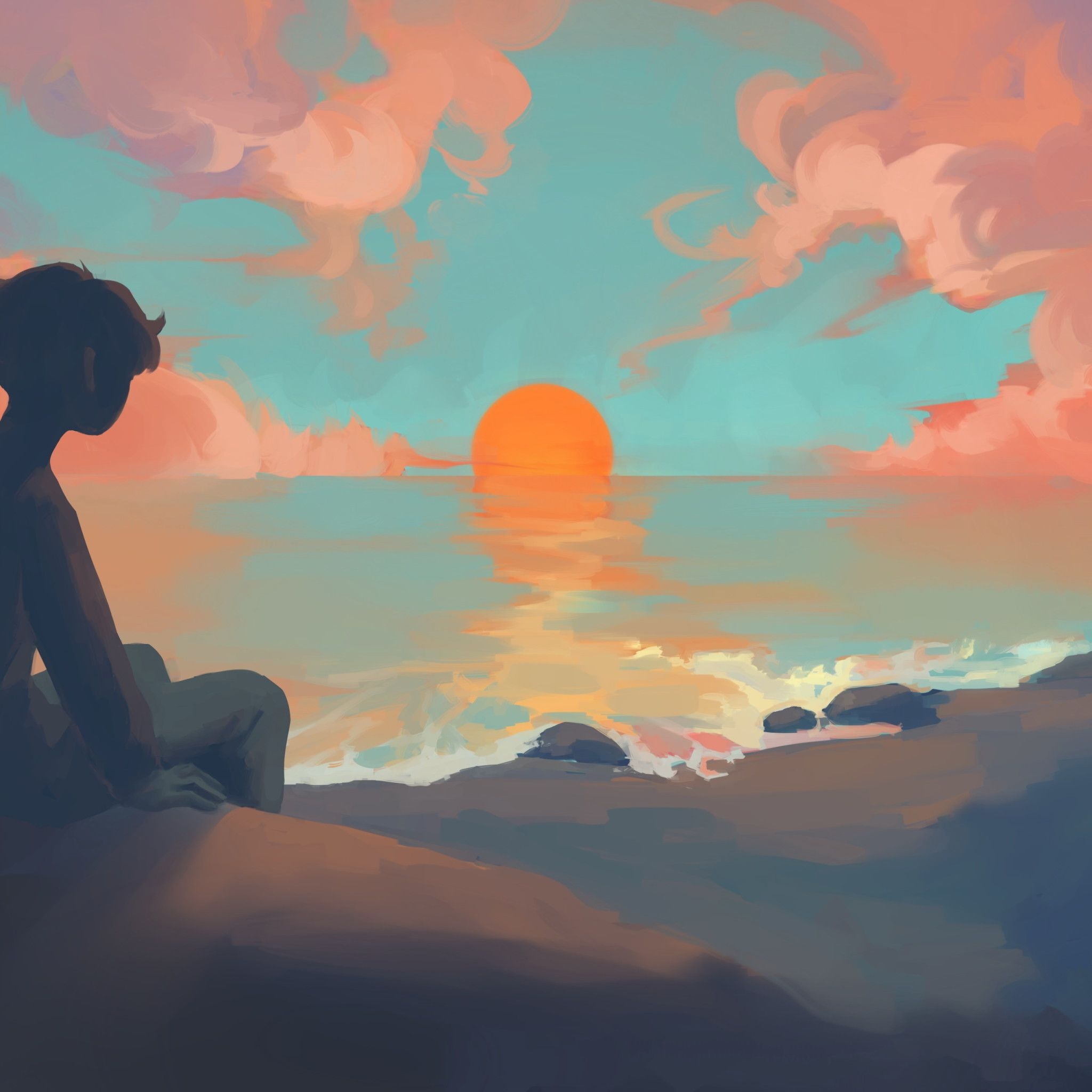 2050x2050 Anime Boy Sitting Watching Sunset iPad Air HD 4k, Phone