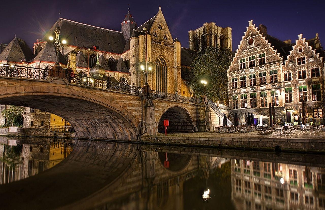 1280x830 Wallpaper Belgium Brugge Bridges night time Cities. Belgium, Desktop