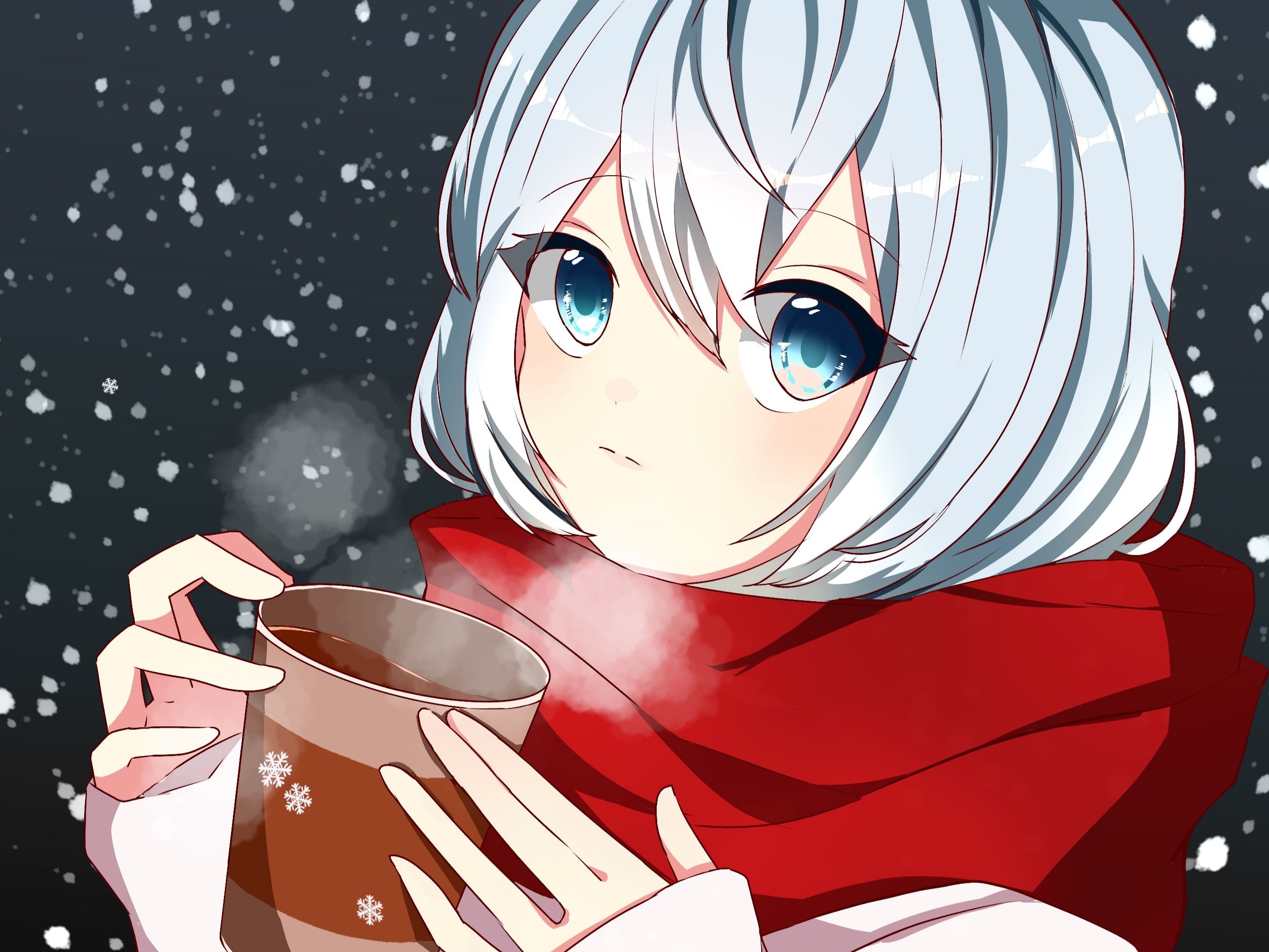 2690x2020 Anime girl drinking hot chocolate on a cold snowy night HD Wallpaper, Desktop