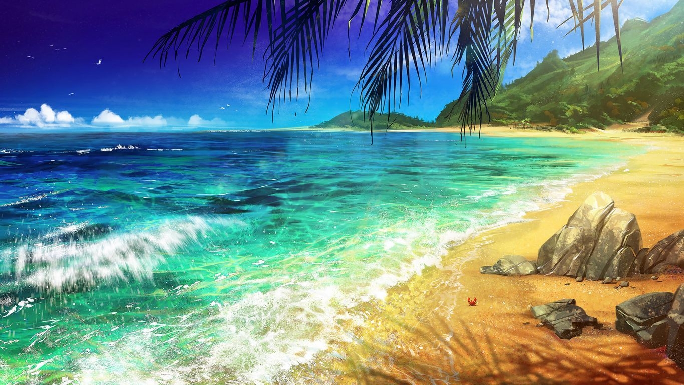 1370x770 Download wallpaper  beach, palm, ocean, art, surf tablet, laptop HD background, Desktop