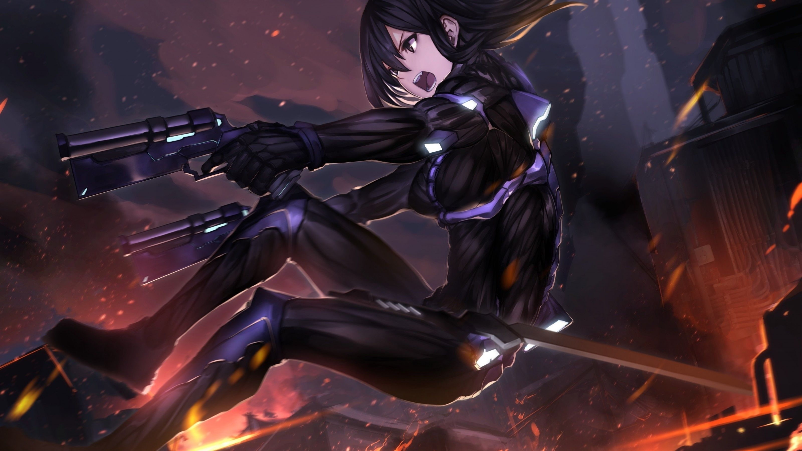 3200x1800 Download  Anime Girl, Jumping, Bodysuit, Flames, Fire, Desktop