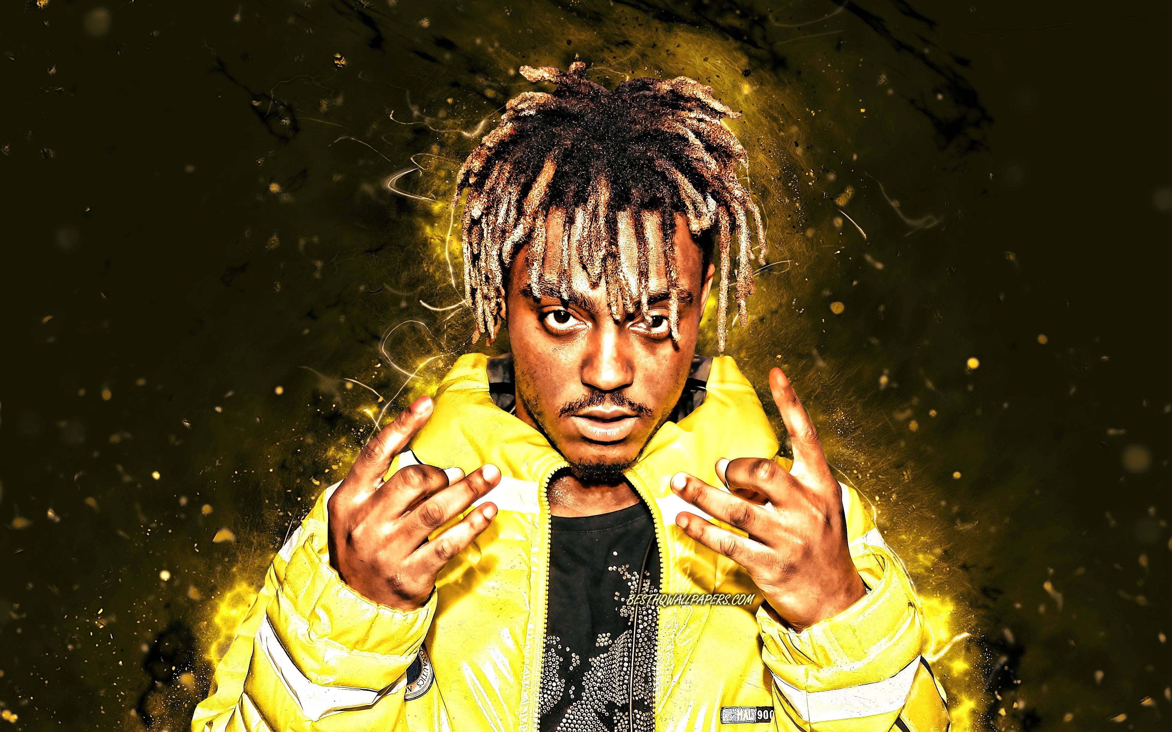 3840x2400 Download wallpaper Juice WRLD, 4k, american rapper, music stars, concert, Jarad Anthony Higgins, american celebrity, yellow neon lights, creative, Juice WRLD 4K for desktop with resolution. High Quality HD picture wallpaper, Desktop